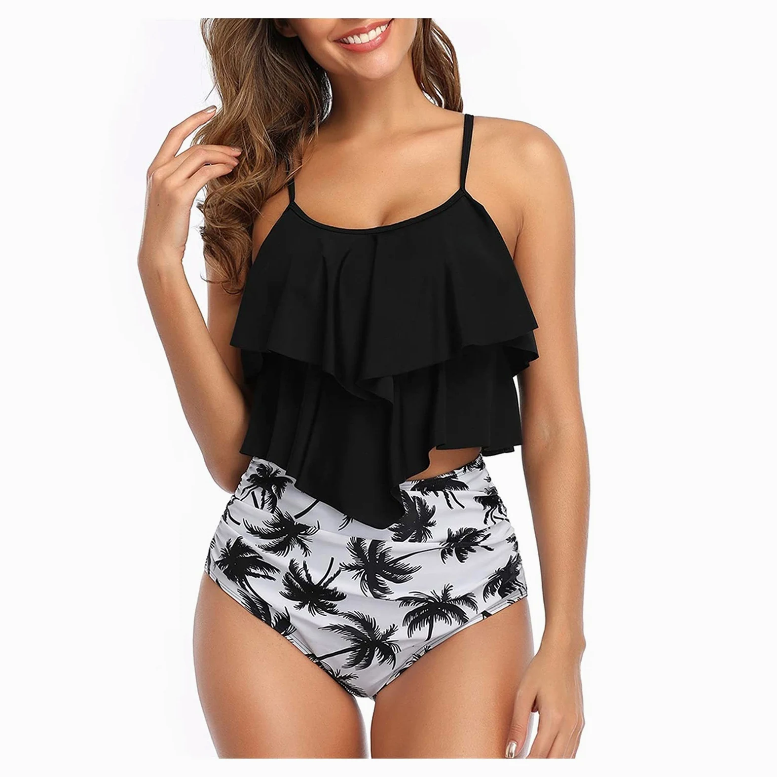 Dwuczęściowy strój kąpielowy Push Up Stroje kąpielowe Damskie zestawy bikini z wysokim stanem Plus rozmiar Wzburzyć strój kąpielowy Halter Dwuczęściowy zestaw bikini Strój kąpielowy Zestaw bikini (AS)