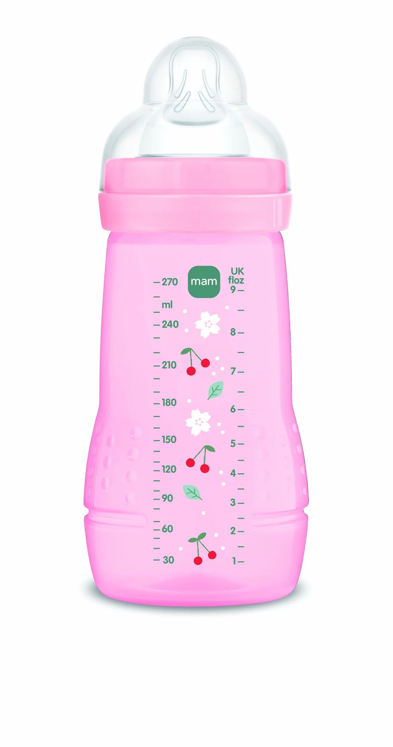 MAM Butelka dla niemowląt, 2-4 miesiące, 270 ml, ze smoczkiem 2 o średnim przepływie silikonowym, łatwa do utrzymania, łatwa do czyszczenia, MAM Easy Active, jasny róż, opakowanie 1 szt