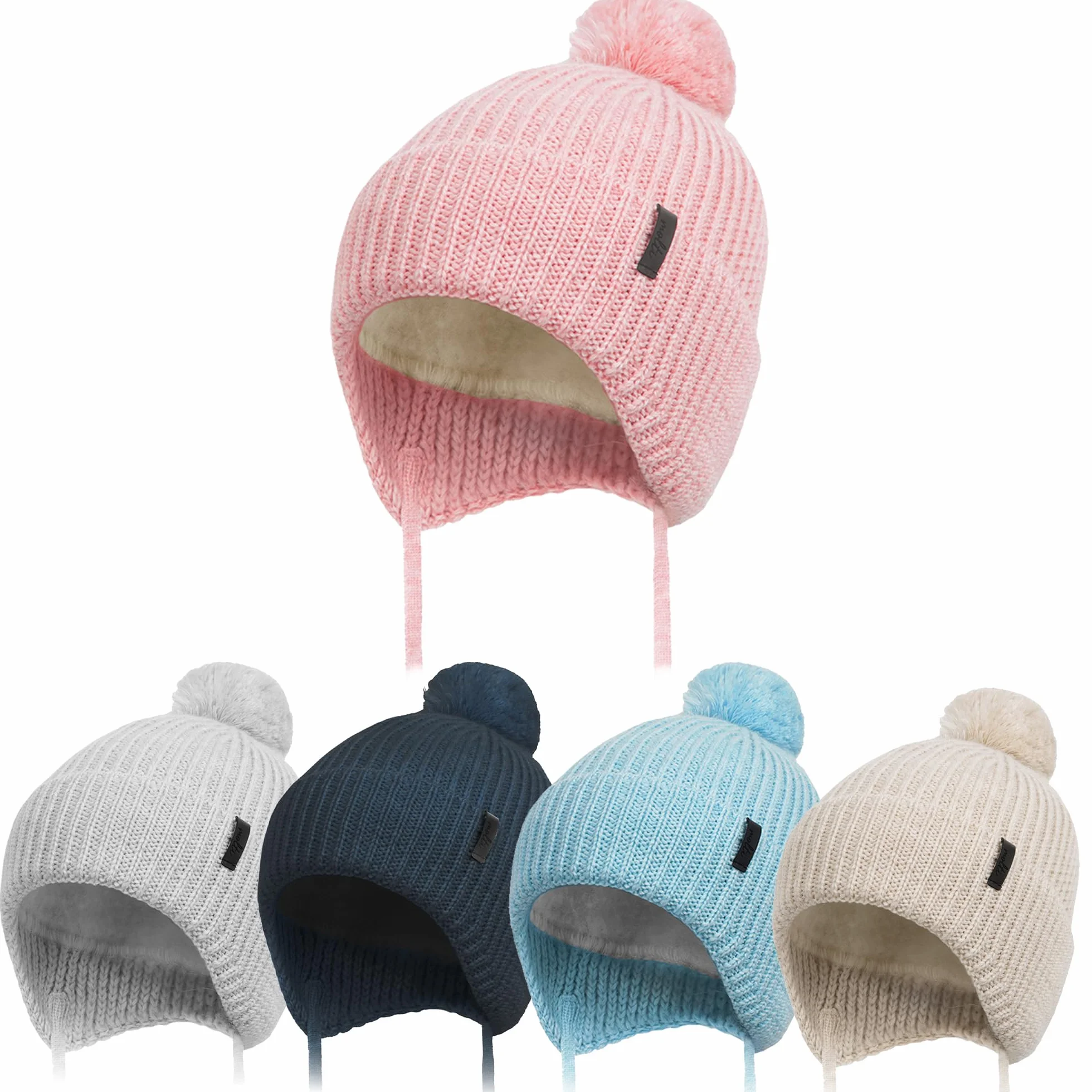 molti Dziecięca czapka zimowa beanie ze 100% wełny merino z podszewką z polaru, czapka z dzianiny z tasiemkami i pomponem, ciepła i miękka, Öko-Tex, rozmiar 46-48, brązowa