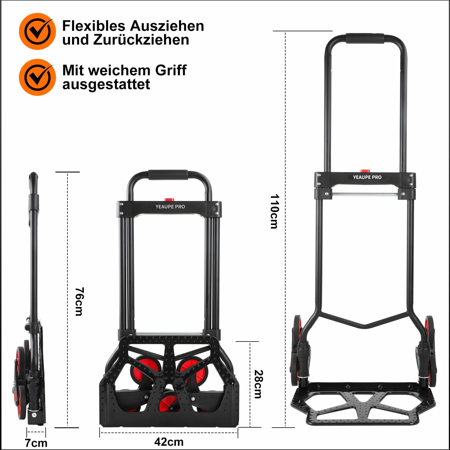 YEAUPE PRO Wózek transportowy, udźwig 80-100 kg, składany wózek transportowy, regulacja wysokości i wchodzenie po schodach do przeprowadzki i ciężkich przedmiotów, wózek schodowy z 2 linami