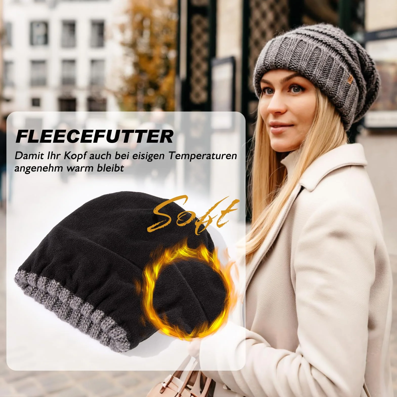 TOP-EX M/L/XL 100% wełna Slouch Beanie damska ciepła czapka zimowa czapka dzianinowa z podszewką polarową