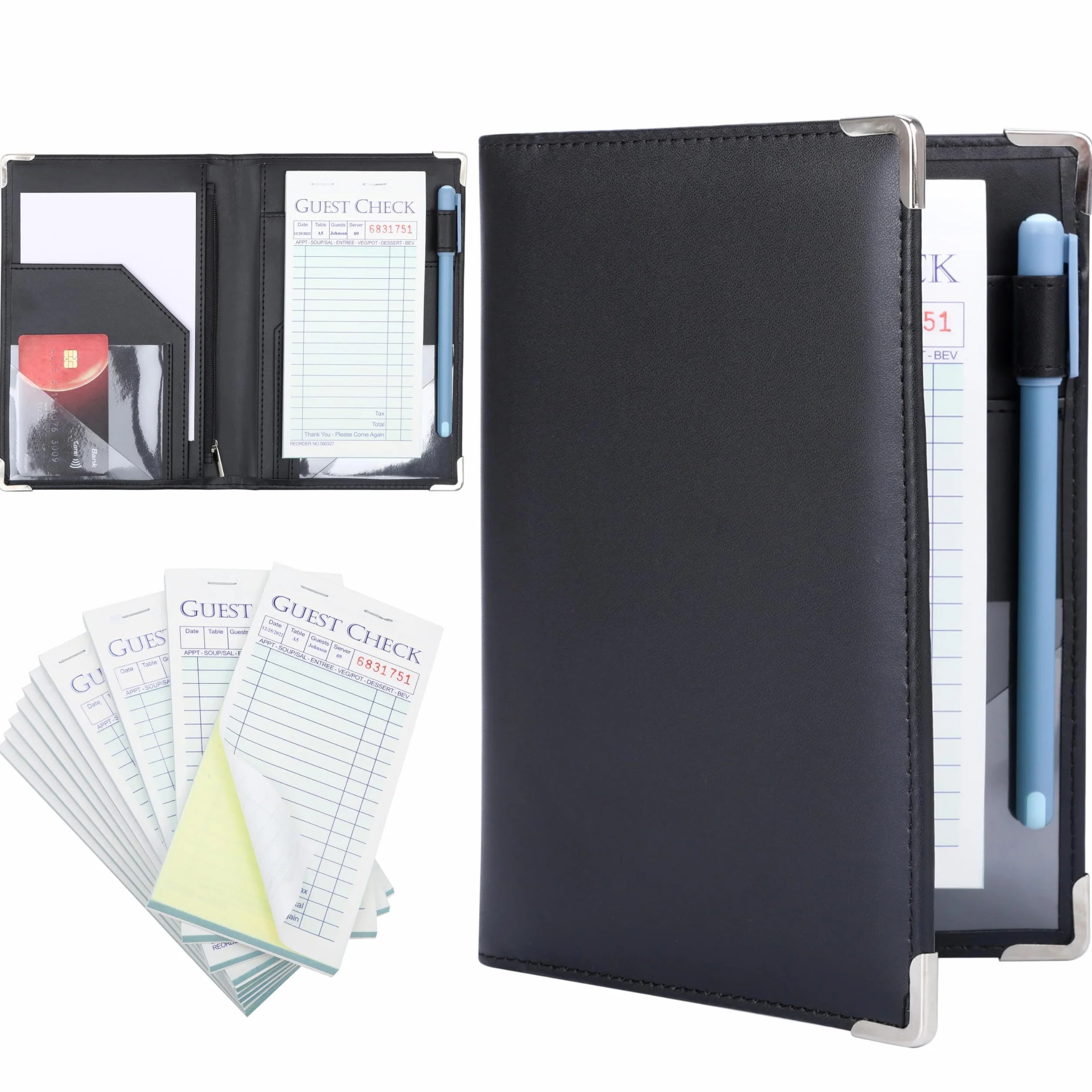 BELLE VOUS Guest Checks Server Note Pads with Folder - 10 książek/500 arkuszy - Waiter/Waitress Paper Checks Notes for Restaurant Food Order Receipt