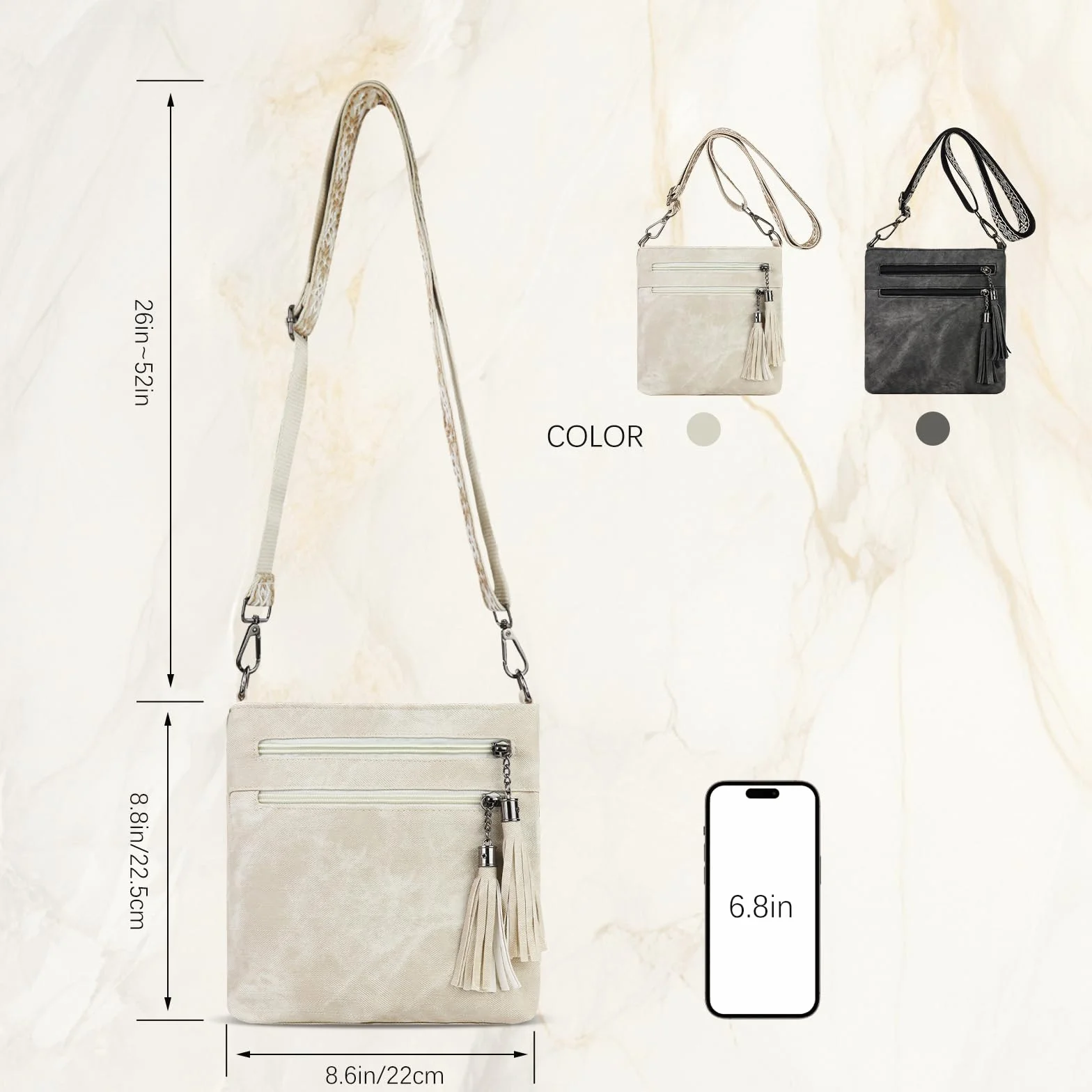 AfitLulu damska torba crossbody na ramię ze sztucznej skóry z frędzlami 4 kieszenie