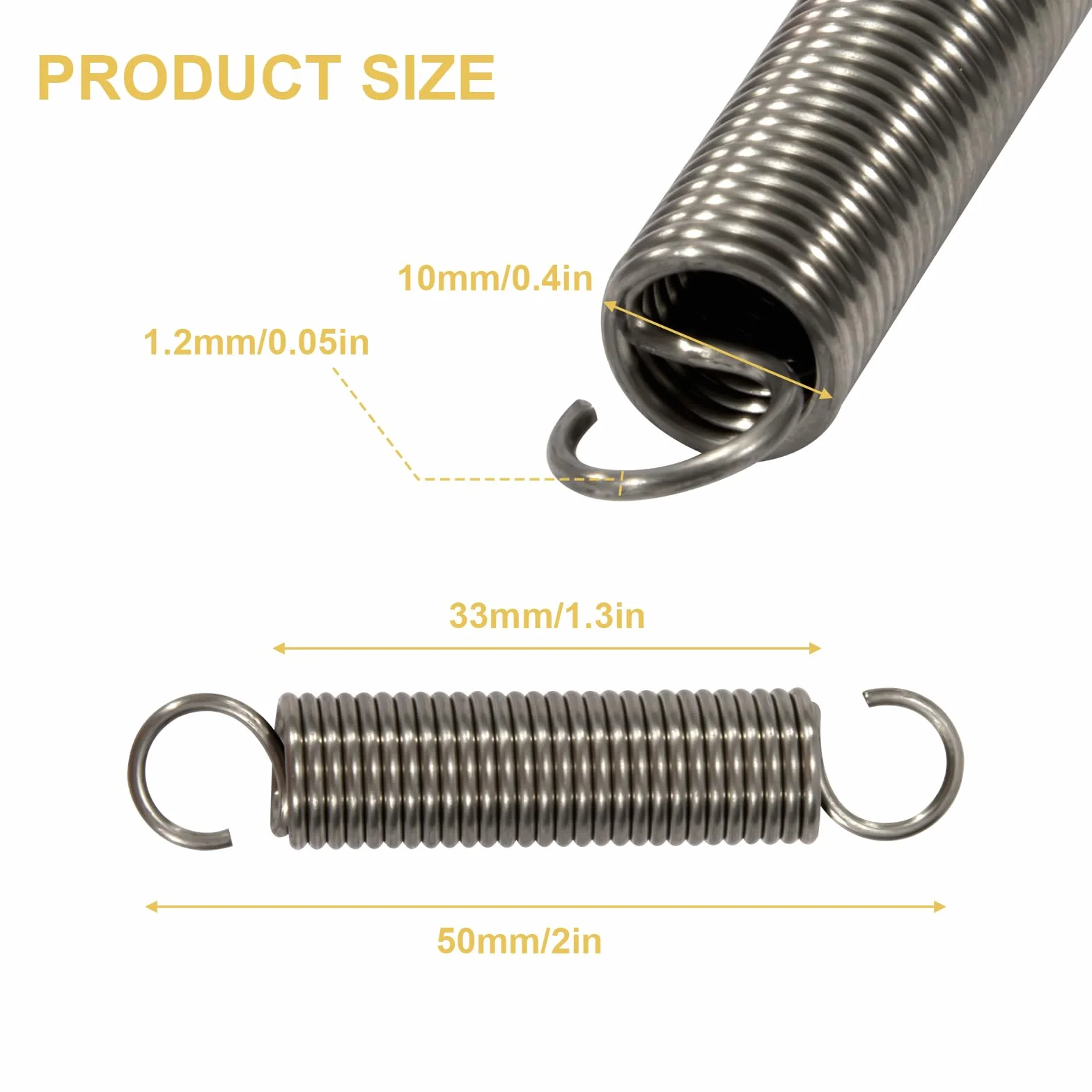 Sprężyny naciągowe z hakiem stal szlachetna sprężyna naciągowa 50 mm średnica zewnętrzna 10 mm średnica drutu 1,2 mm maksymalna siła ciągnąca 3,2 kg 1,2 x 10 x 50 mm 4 sztuki