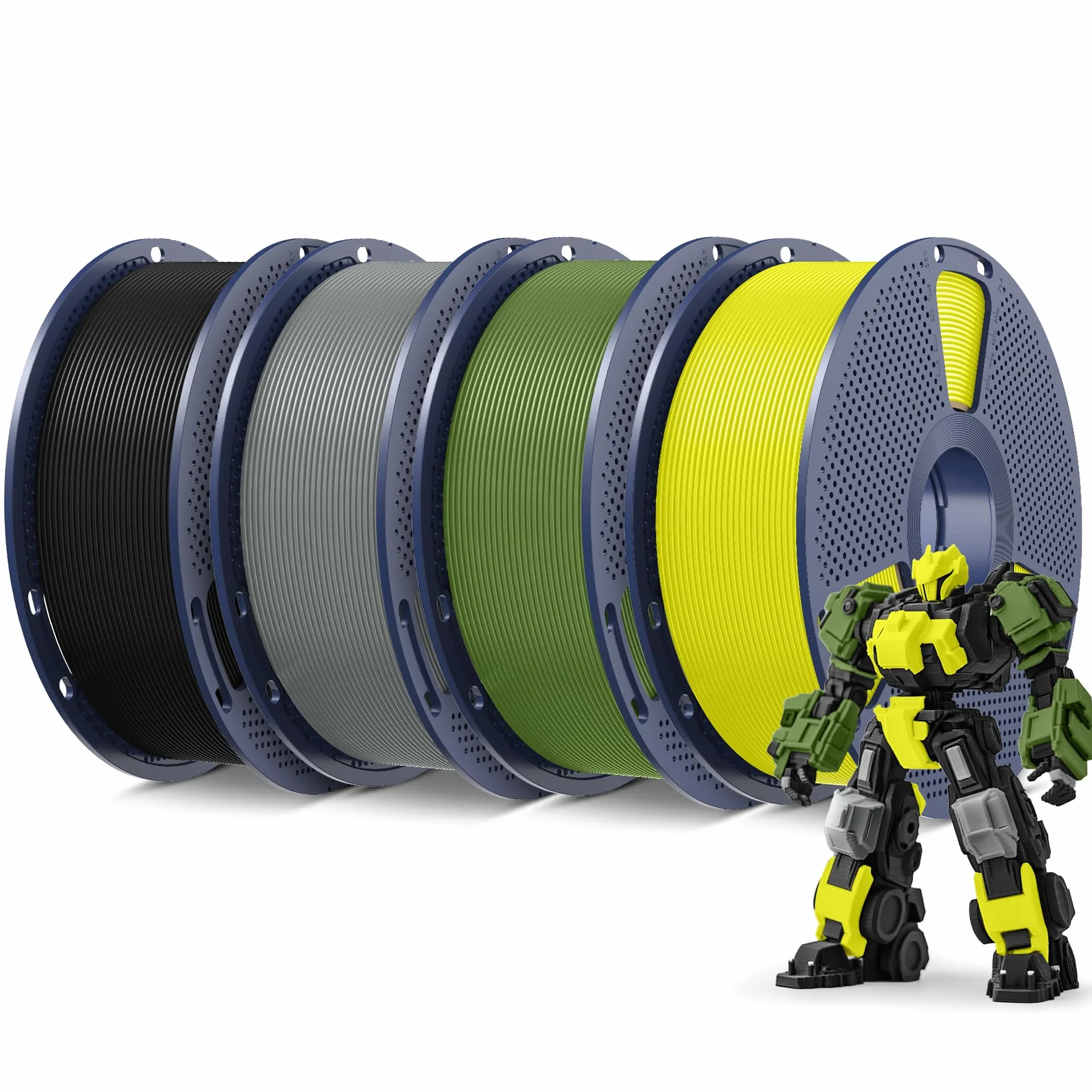 SUNLU 4KG PLA+ Filament, PLA Plus do drukarek 3D 1,75mm ±0,02mm, lepsza odporność, 1 kg na szpulę, 4 sztuki, kolor: czarny+oliwkowy+szary+żółty