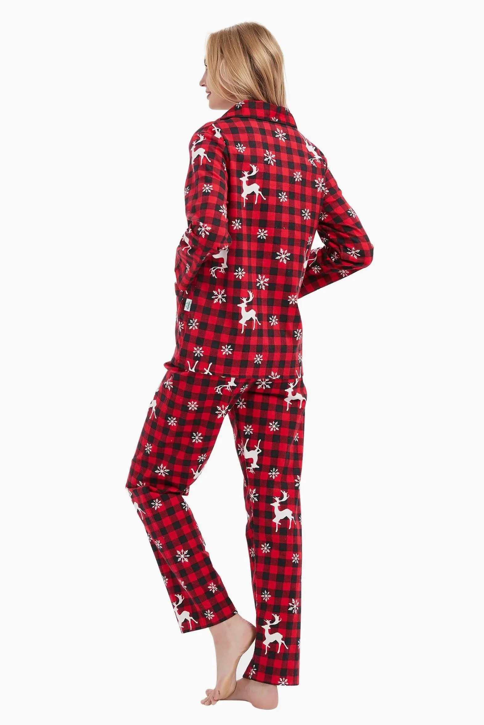 GLOBAL Schlafanzüge Damen Flanell | Baumwolle Damen Pajama Set | Zweiteiliger Nachtwäsche Damen Pjs Set Lang | Knopfleiste vorne und Kordelzug