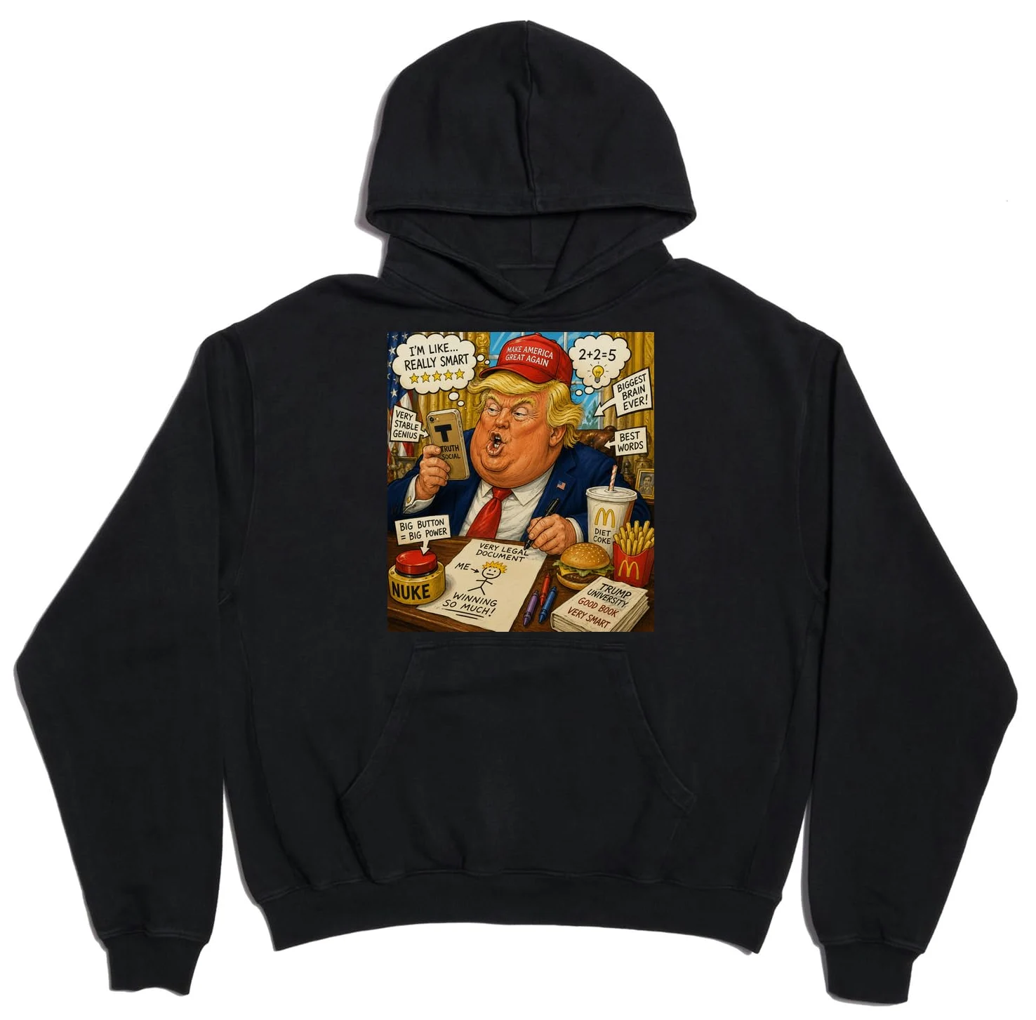 Satyryczny charakter polityczny studium unisex oversize ciężka mieszanka bawełny bluza z kapturem czarna