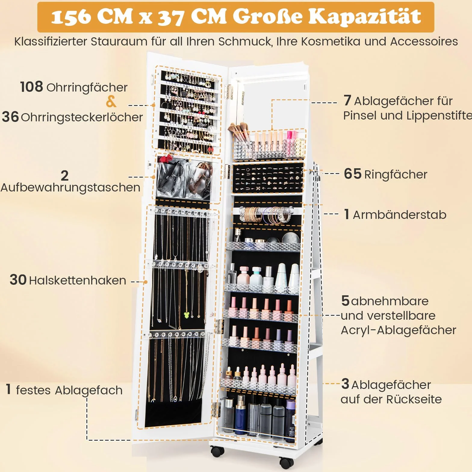 COSTWAY Szafka na biżuterię na kółkach, z lustrem LED i regulowanymi półkami, na łańcuszki, kolczyki, kosmetyki