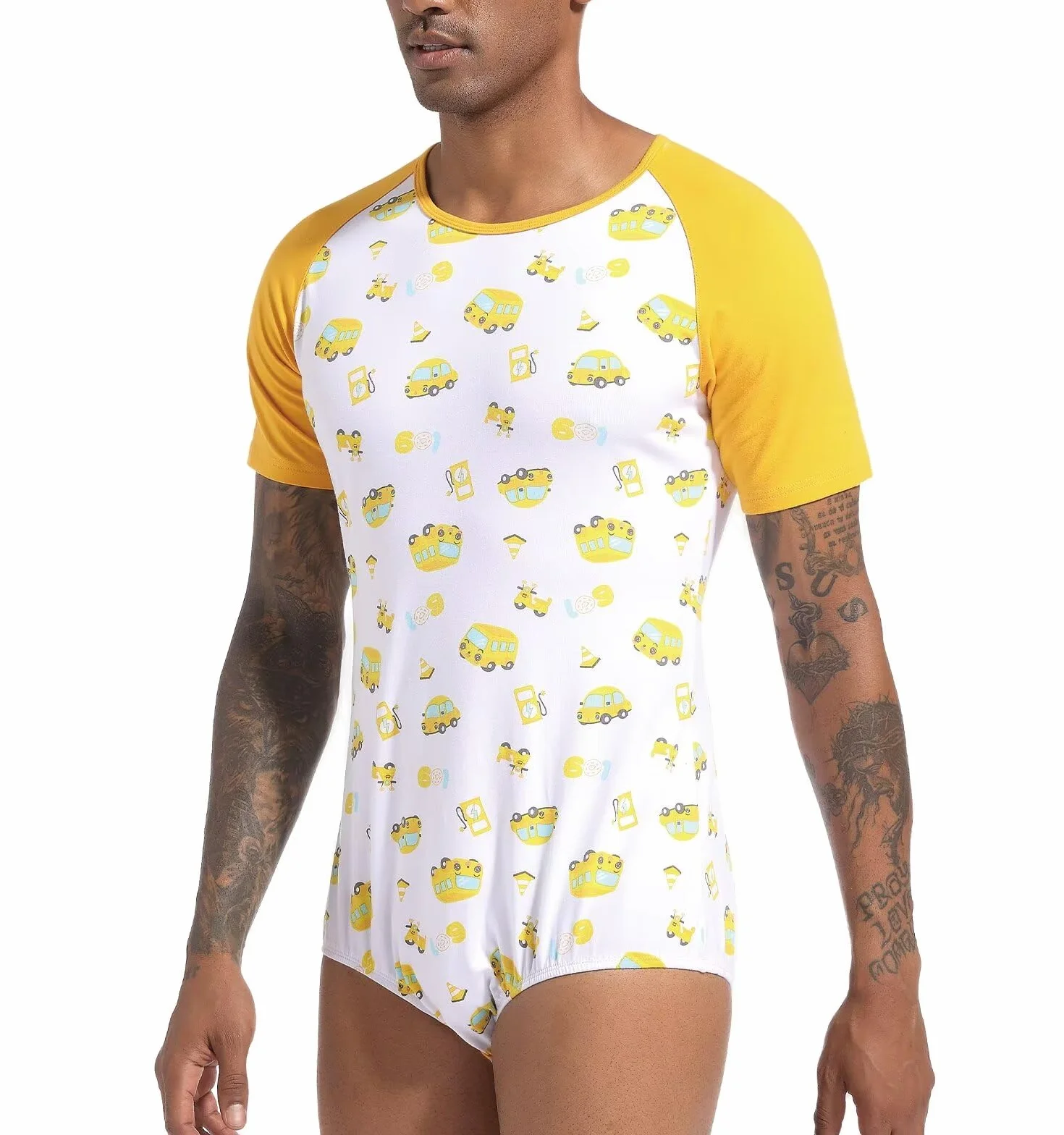 Landofgenie Męskie Bodysuit Piżama Dolne Krocze Top Koszula Raglan Rękawy Onesie Rompers dla Mężczyzn Drukowanie samochodów kreskówek