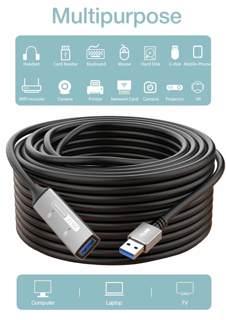 PREMIUMCORD Aktywny Przedłużacz USB z Repeaterem 20m, Złącze Żeńskie Typu A do Męskiego, USB 3.2 Gen 1 SuperSpeed 5Gbit/s, 2x Ekranowany, Obudowa Aluminiowa, Czarny, Długość 20m