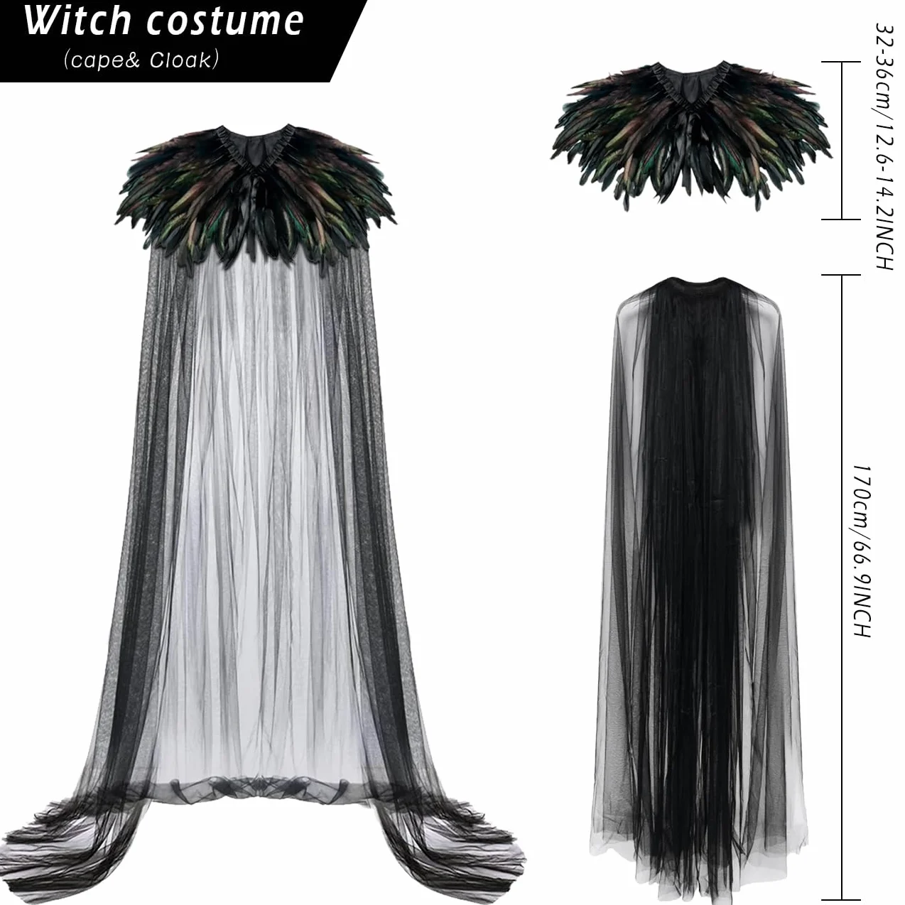 keland Czarna tiulowa peleryna długa z kołnierzem sprężynowym Pióro Cape Halloween Maleficent akcesoria (czarna)