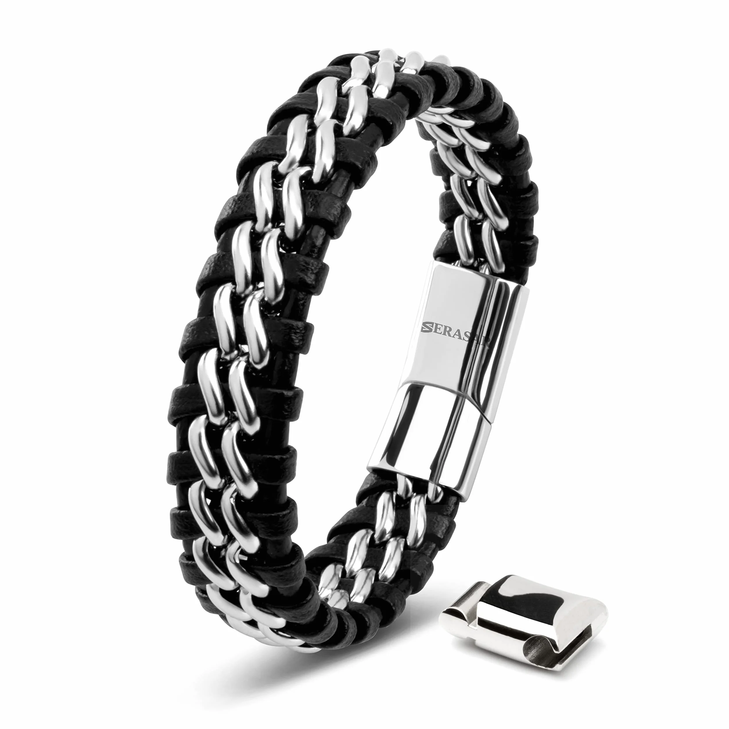 SERASAR | Skórzana Bransoletka Męska [Steel] | Zapięcie Magnetyczne ze Stali Nierdzewnej w Kolorze Czarnym, Srebrnym I Złotym | w Zestawie Pudełko na Biżuterię | Świetny Pomysł na Prezent