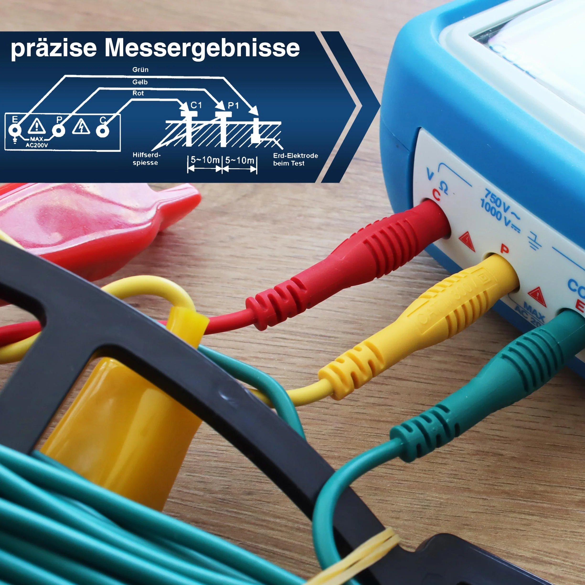 PeakTech 2700 - cyfrowy miernik uziemienia z podświetlanym podwójnym wyświetlaczem LCD i 2 prętami uziemiającymi, oporem podłogowym, pomiarem, AC/DC, TÜV/GS, Data-Hold