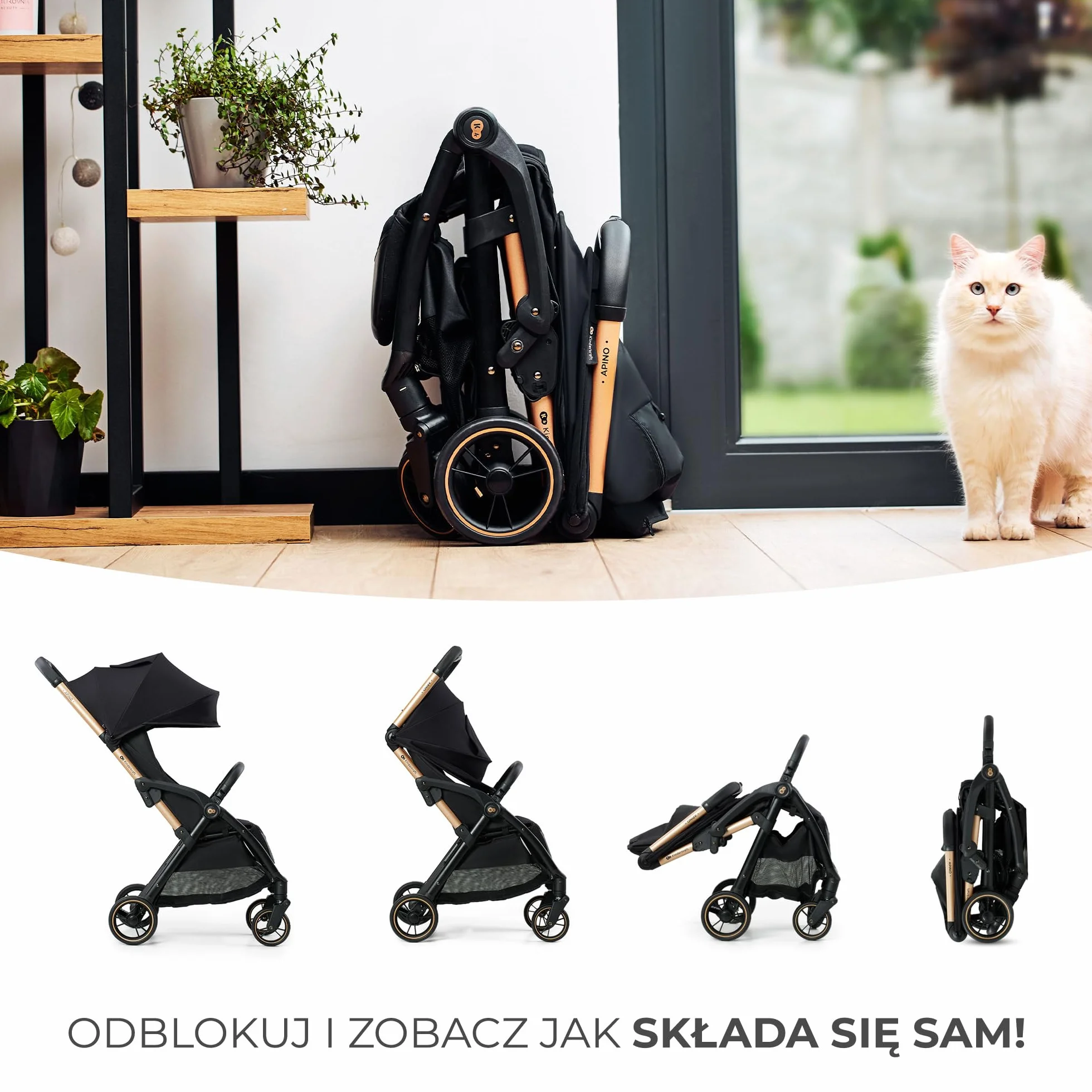 Kinderkraft APINO Lekka Spacerówka, Wózek dziecięcy, Idealny na podróż, AUTO FOLDING, Składany, Kompaktowy, Lekki, Tylko 7,5kg, Wodoodporna budka, Regulacja oparcia, obciążenie do 24kg, Szary