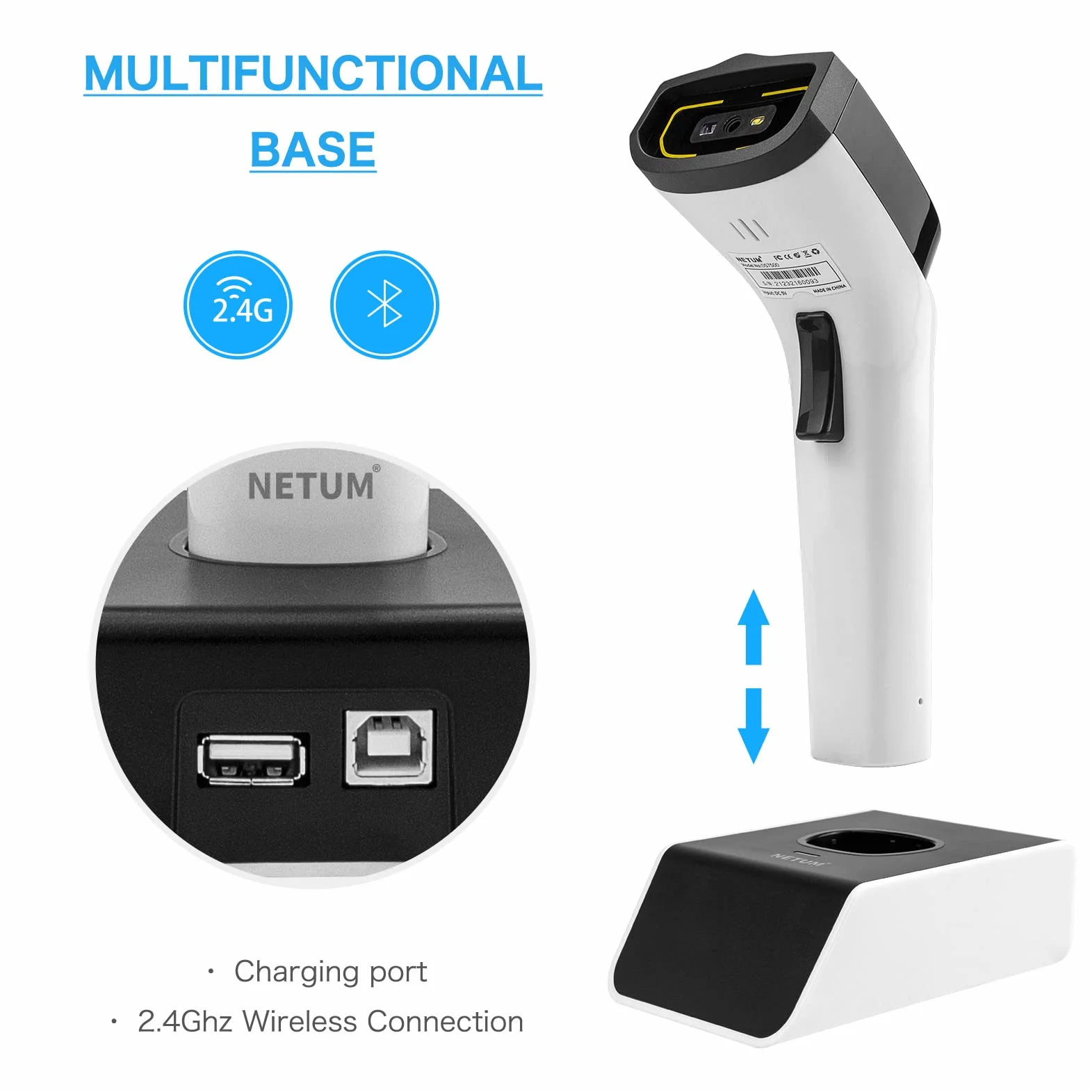 NETUM Bezprzewodowy skaner kodów kreskowych 2D Bluetooth z podstawką ładującą, bez użycia rąk, automatyczny czytnik kodów kreskowych 1D 2D QR pdf417, działa z MAC OS, Windows, iOS, Android - DS7500