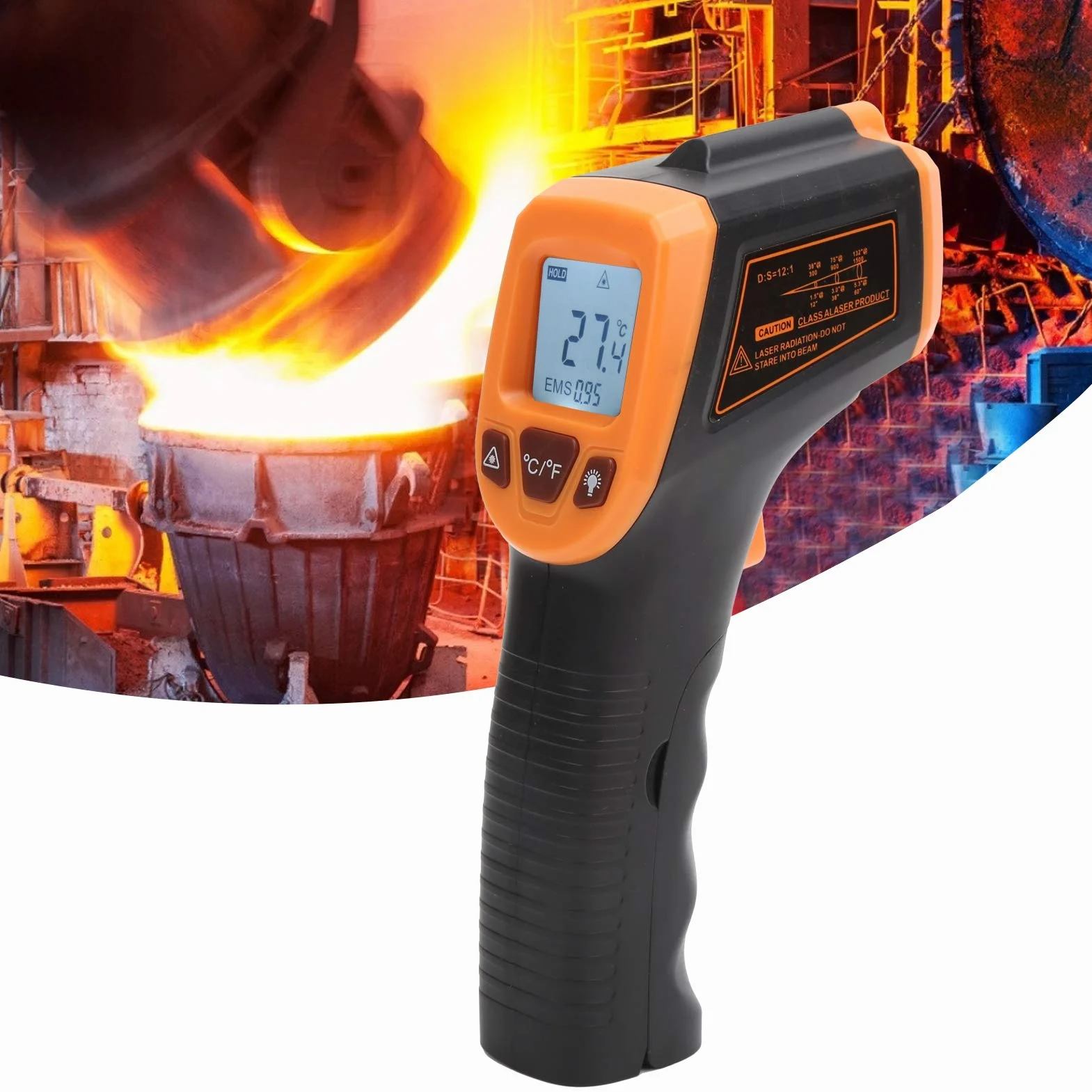 GM320S Termometr Bесконтактowy na Podczerwień, Pistolet do Pomiaru Temperatury z Wyświetlaczem LCD, Zakres -50°C do 600°C, Pomarańczowy, Przemysłowy