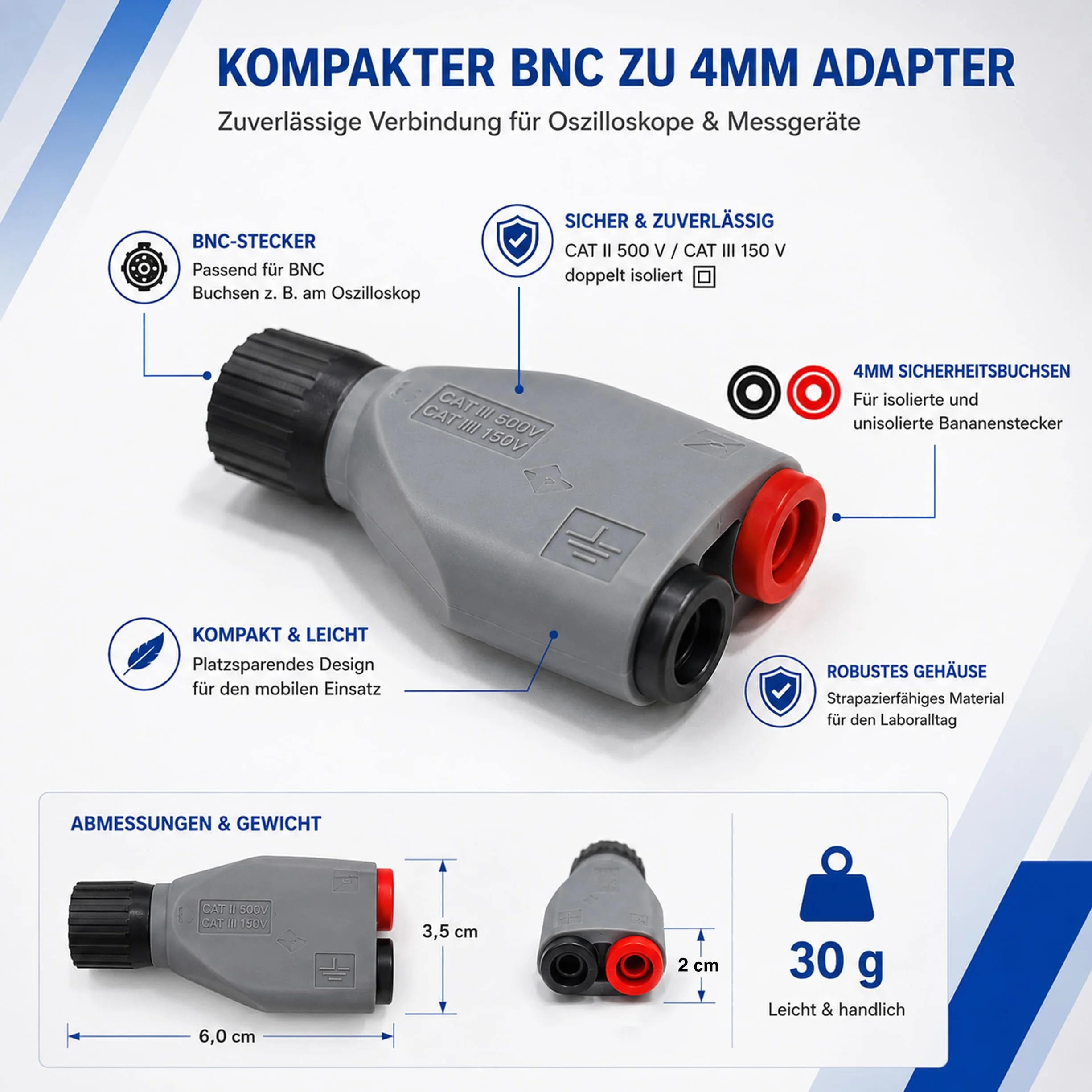 PeakTech P 7055 BNC adapter wtyczka bananowa gniazda, akcesoria do oscyloskopu, generatora sygnału, licznika częstotliwości i szczypiec prądowych z przewodem pomiarowym 4 mm, w pełni izolowany