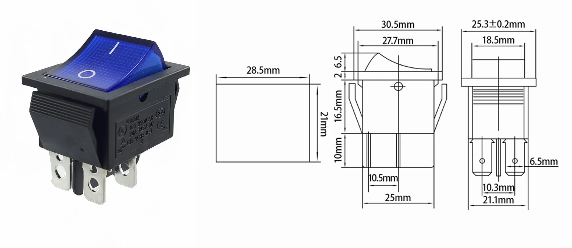 Niebieskie światło DPST chwilowy przełącznik kołyskowy wł./wył. zatrzask 22 x 30 mm 4 styki