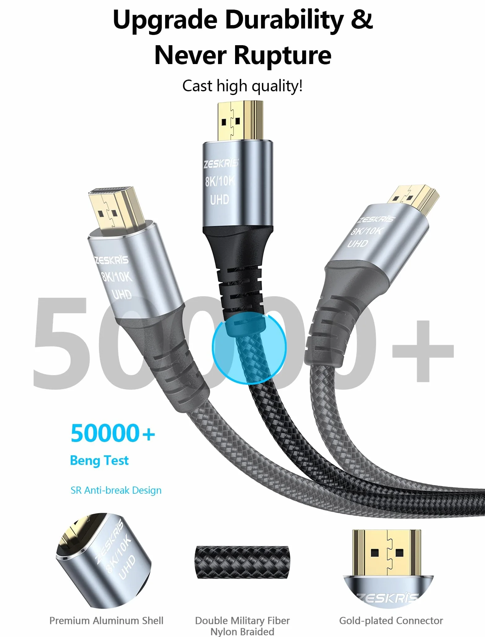 ZESKRIS Kabel 8K HDMI 2.1, 1 m, certyfikowany kabel 48 Gb/s, Ultra High Speed, obsługa 4K120Hz, 8K60Hz, eARC, HDR 10, HDCP 2.2 2.3, kompatybilny z laptopami, telewizorami, monitorem, PS5