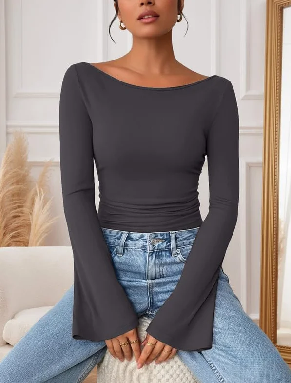 Elegancka damska koszulka z długim rękawem, dekolt w łódkę, z rękawami z dzwoneczkami, wąski top Y2K, basic, luźny sweter, slim fit, długi rękaw, jednokolorowa, z długim rękawem, na jesień