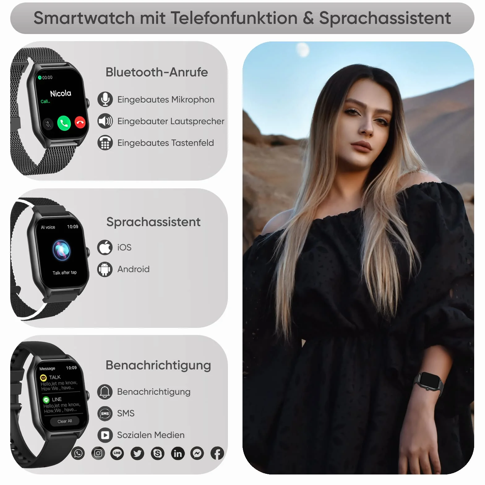 Zegarek Damski Smartwatch Z Funkcją Telefonu - Android, Whatsapp, 1,85" Ekran, Smart Watch, Tracker Fitness, Krokomierz+