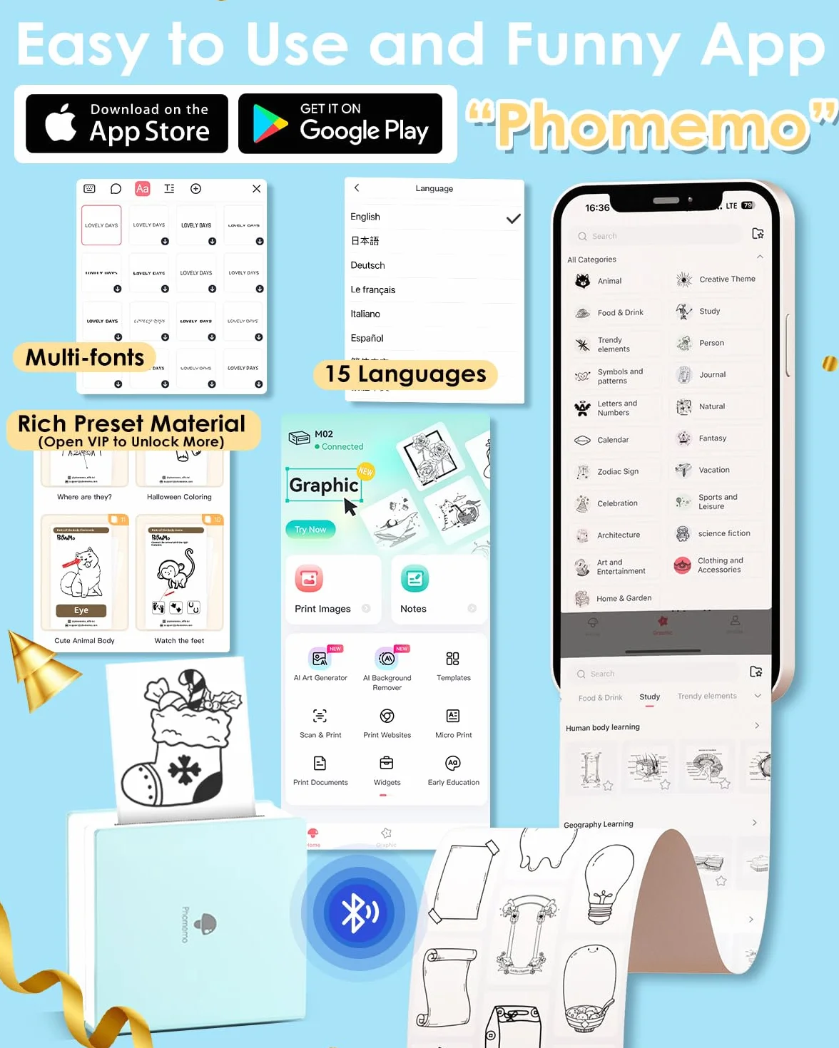 Phomemo M02 Mini drukarka do smartfonów, 3 rolki papieru, drukarka termiczna Bluetooth, drukarka etykiet, kompatybilna z iOS i Android, do prezentów, zdjęć, scrapbookingu, etykiet, zielona