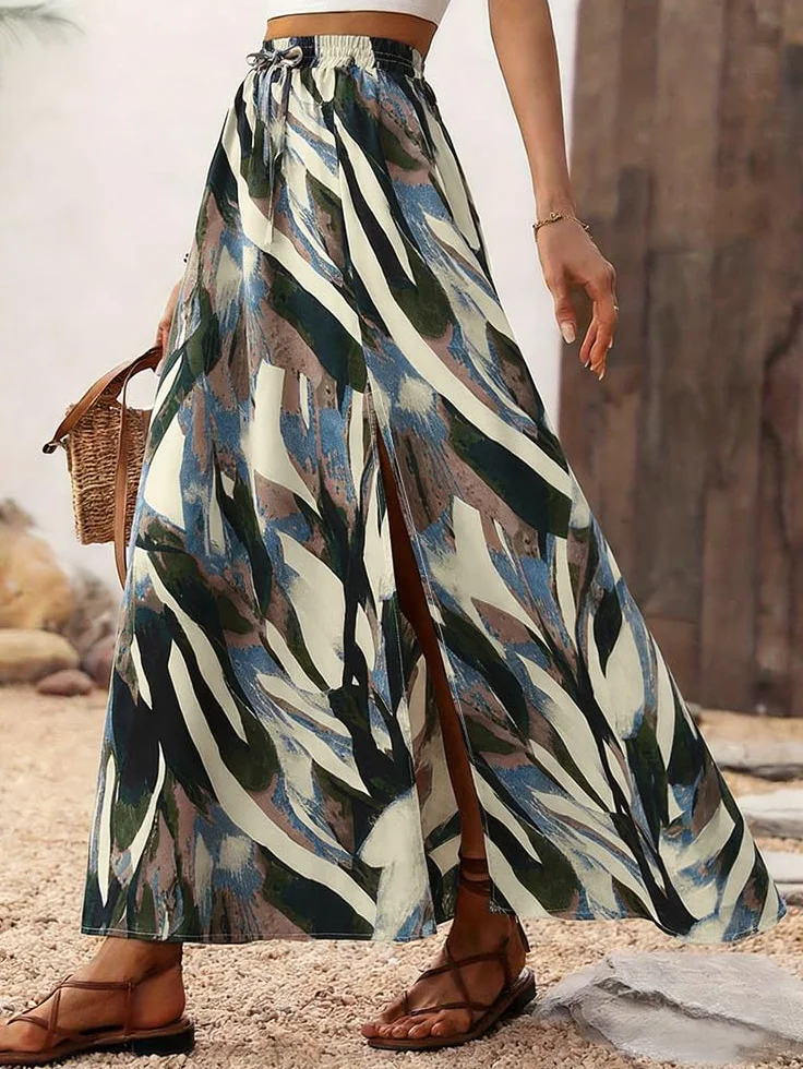 Spódnica damska, długa, elegancka spódnica maxi z nadrukiem, letnia spódnica z rozcięciem, linia A, letnia spódnica maxi, elastyczna, wysoka talia, spódnica plażowa, spódnica rekreacyjna