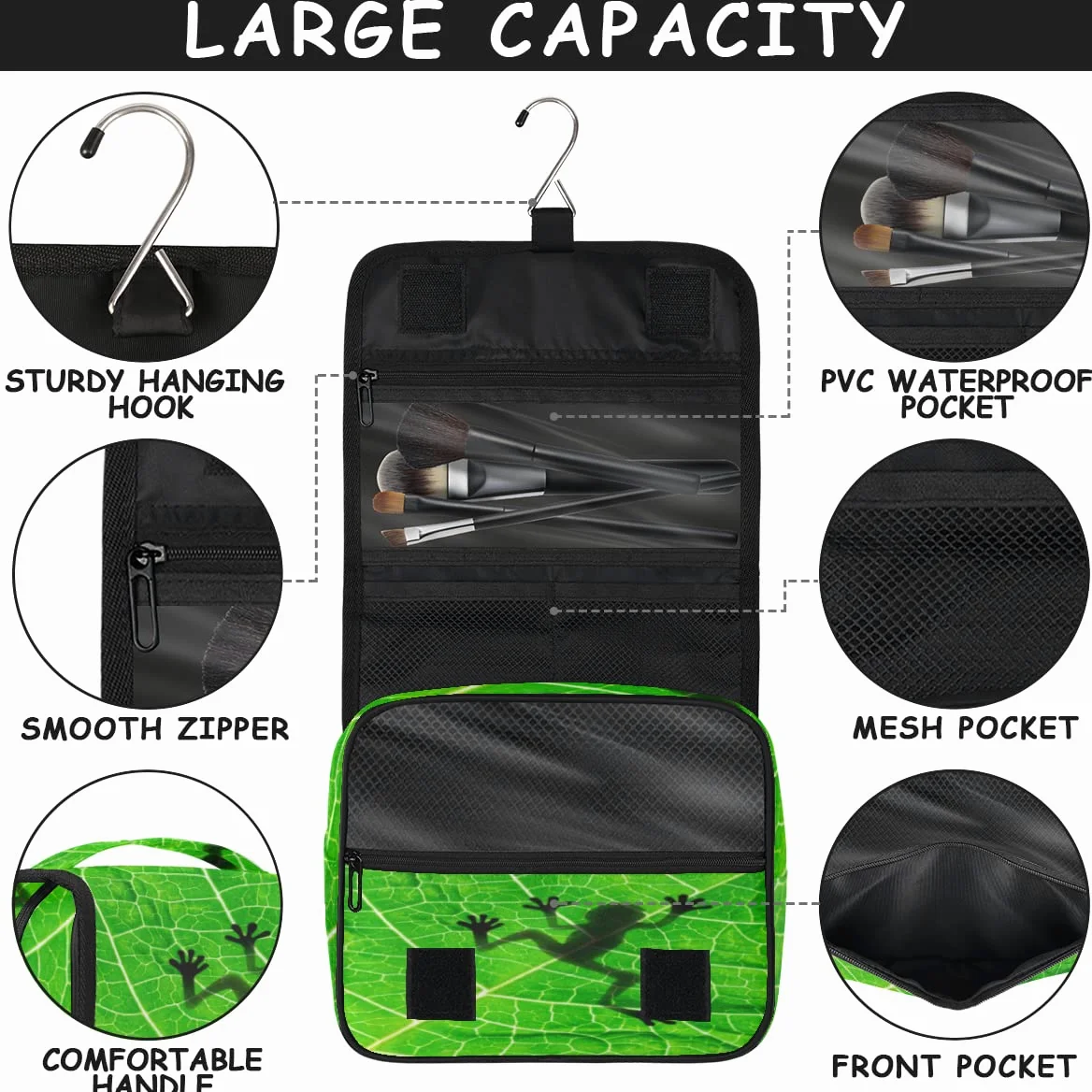 Żaba Cień Podróżna Kosmetyczka Żaba Liście Mycie Torba Unisex Wiszące przybory toaletowe Kosmetyczka Organizer do makijażu, wielobarwny, Jeden rozmiar