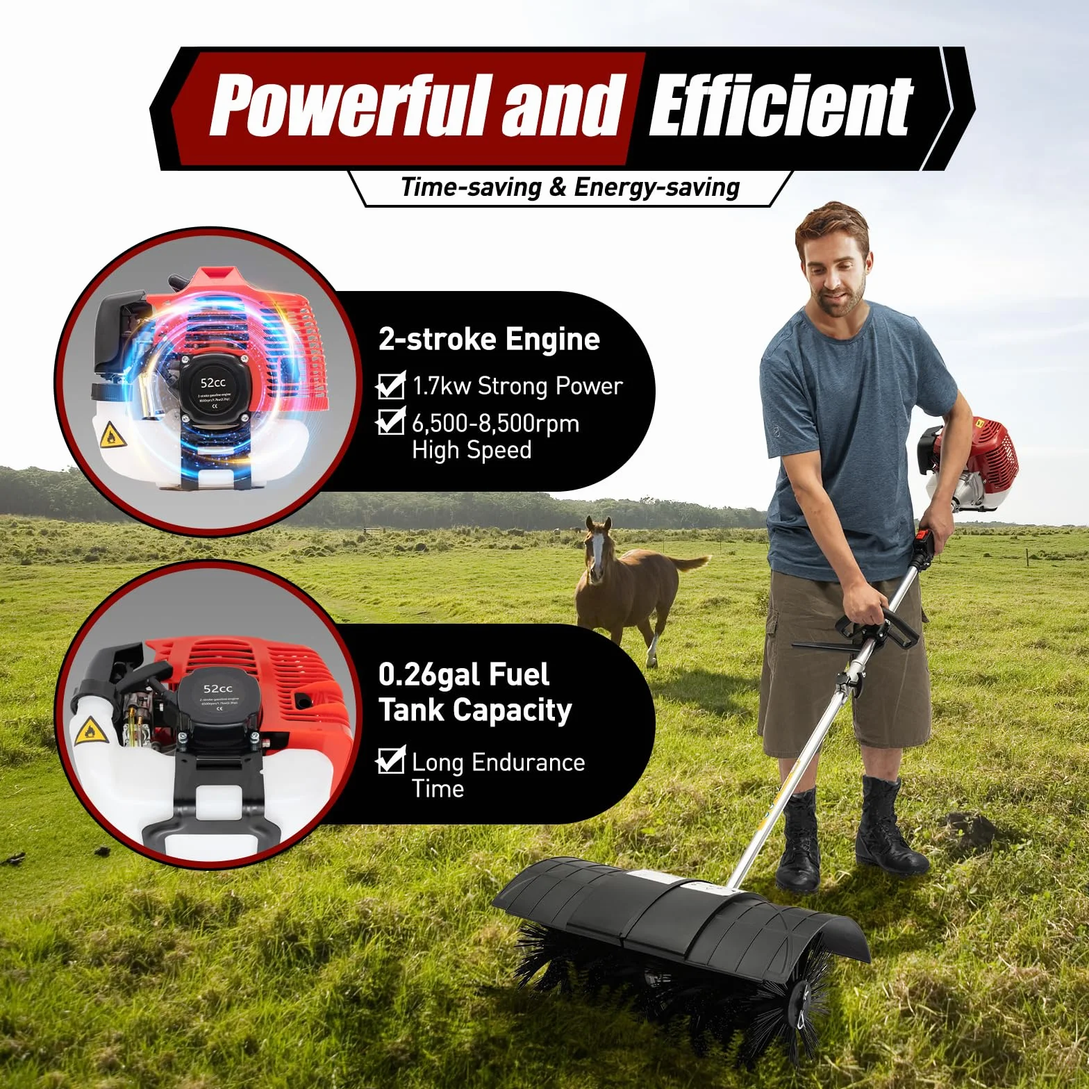 Zamiatarka 52CC spalinowa 1,7 kW, 2-suwowa, 189 cm, z szczotką o szerokości 56 cm, odśnieżarka 2,3 KM, do sztucznej trawy, dróg