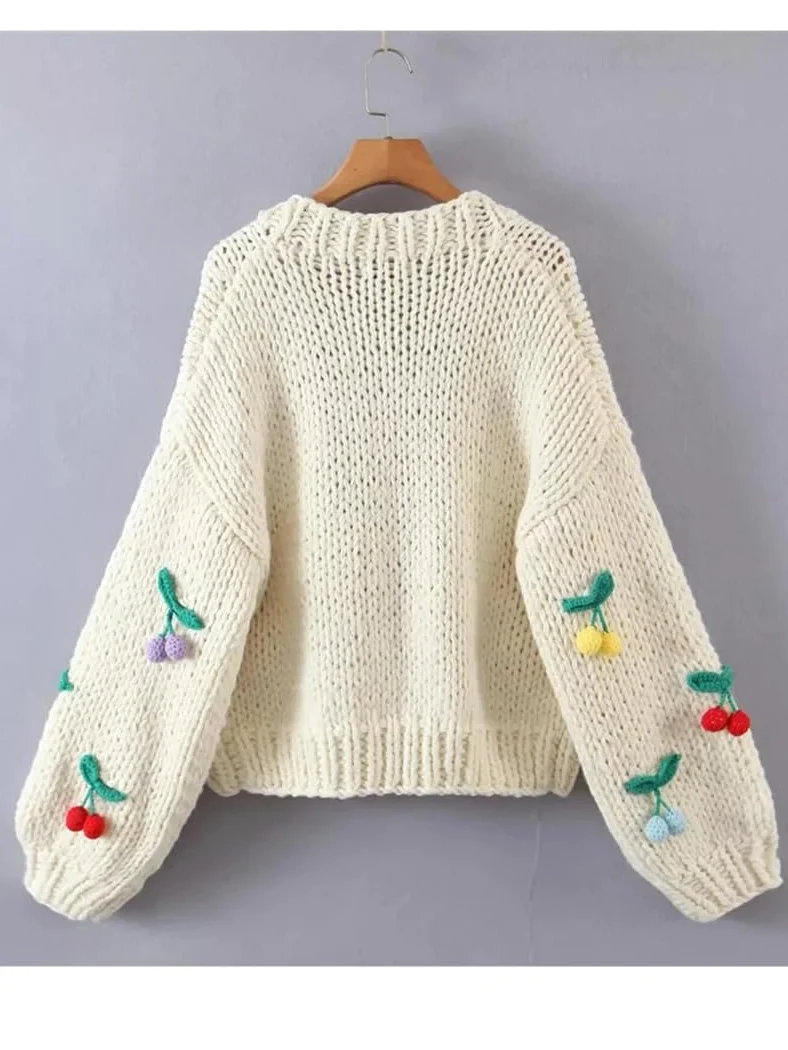 Damski sweter z dekoltem w serek, z długim rękawem, dziergany sweter retro, ręcznie robiony sweter szydełkowy vintage