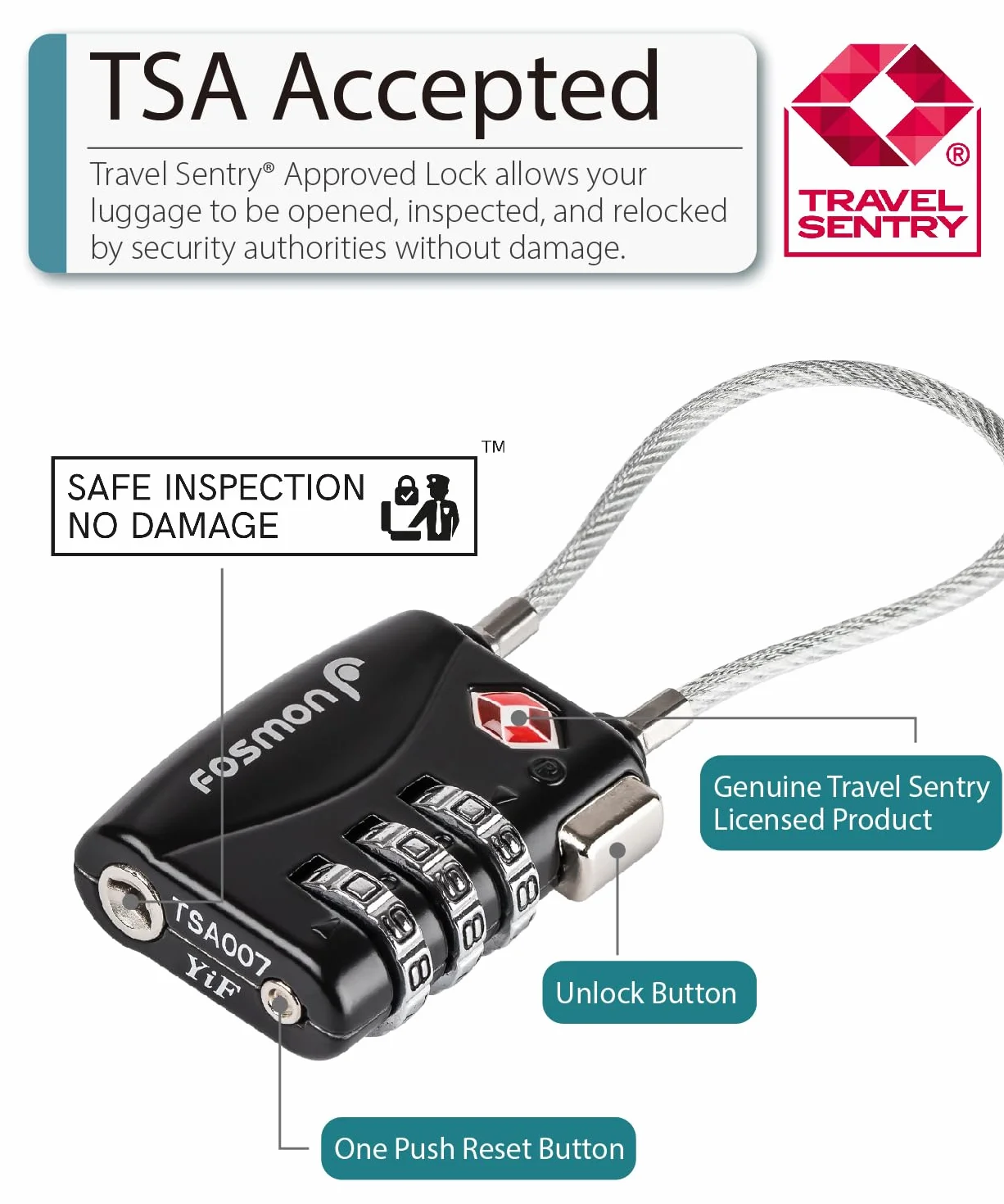 Fosmon kabel szyfrowy TSA 3-cyfrowy zestaw 3 szt czarny