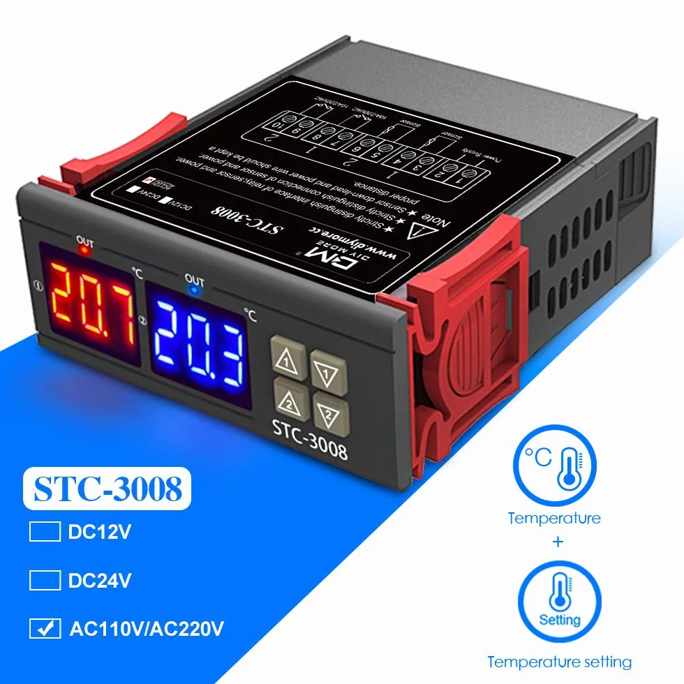 diymore STC-3008 regulator temperatury termostatu, cyfrowy, z podwójnym czujnikiem NTC, z sondą, do urządzeń grzewczych i chłodzących