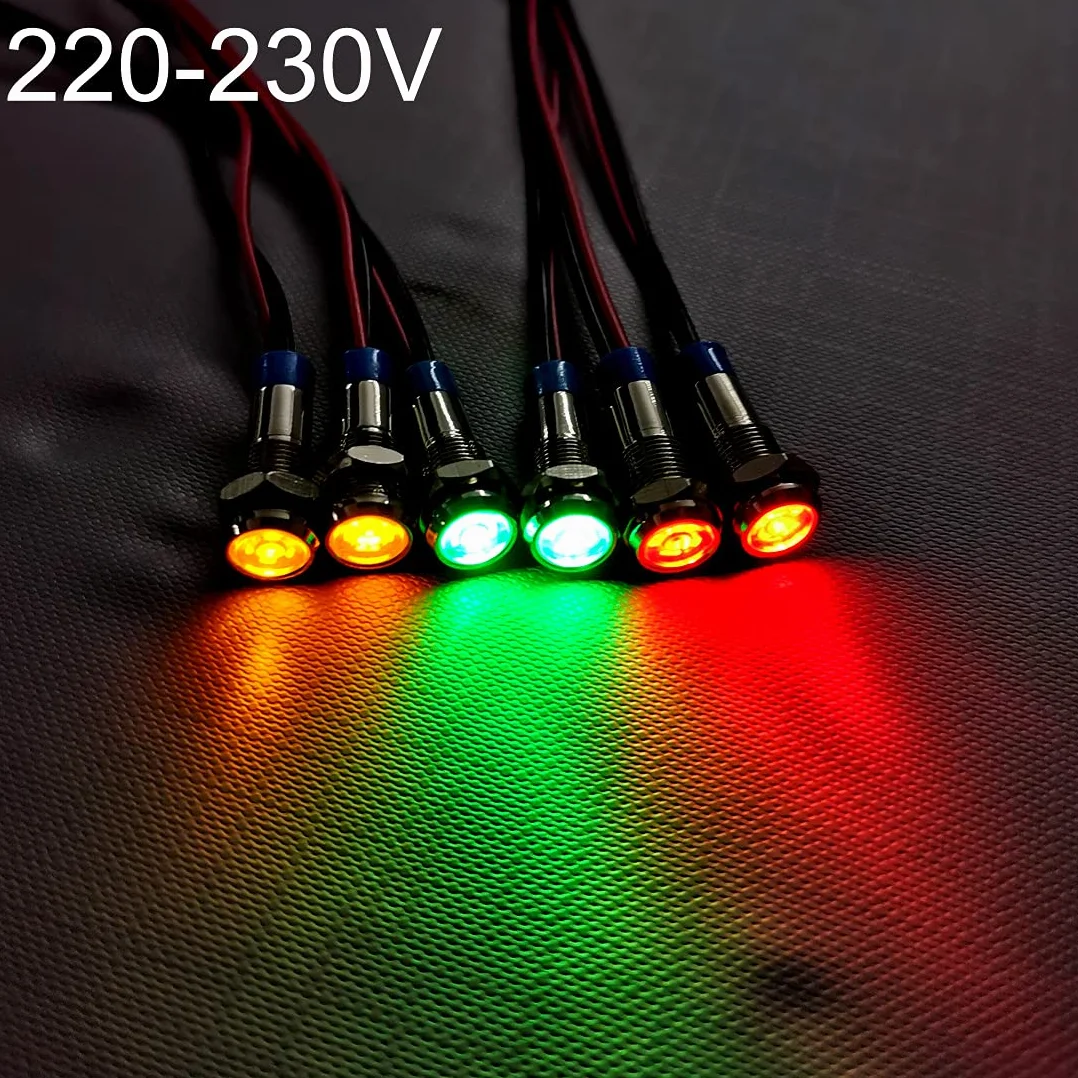 GUUZI 6 Sztuk 220V-230V AC 6mm Panel LED Pilot Dash Lampka Ostrzegawcza Lampka Kontrolna Pilot Dash żarówki Kierunkowe (Czerwony/żółty/Zielony)