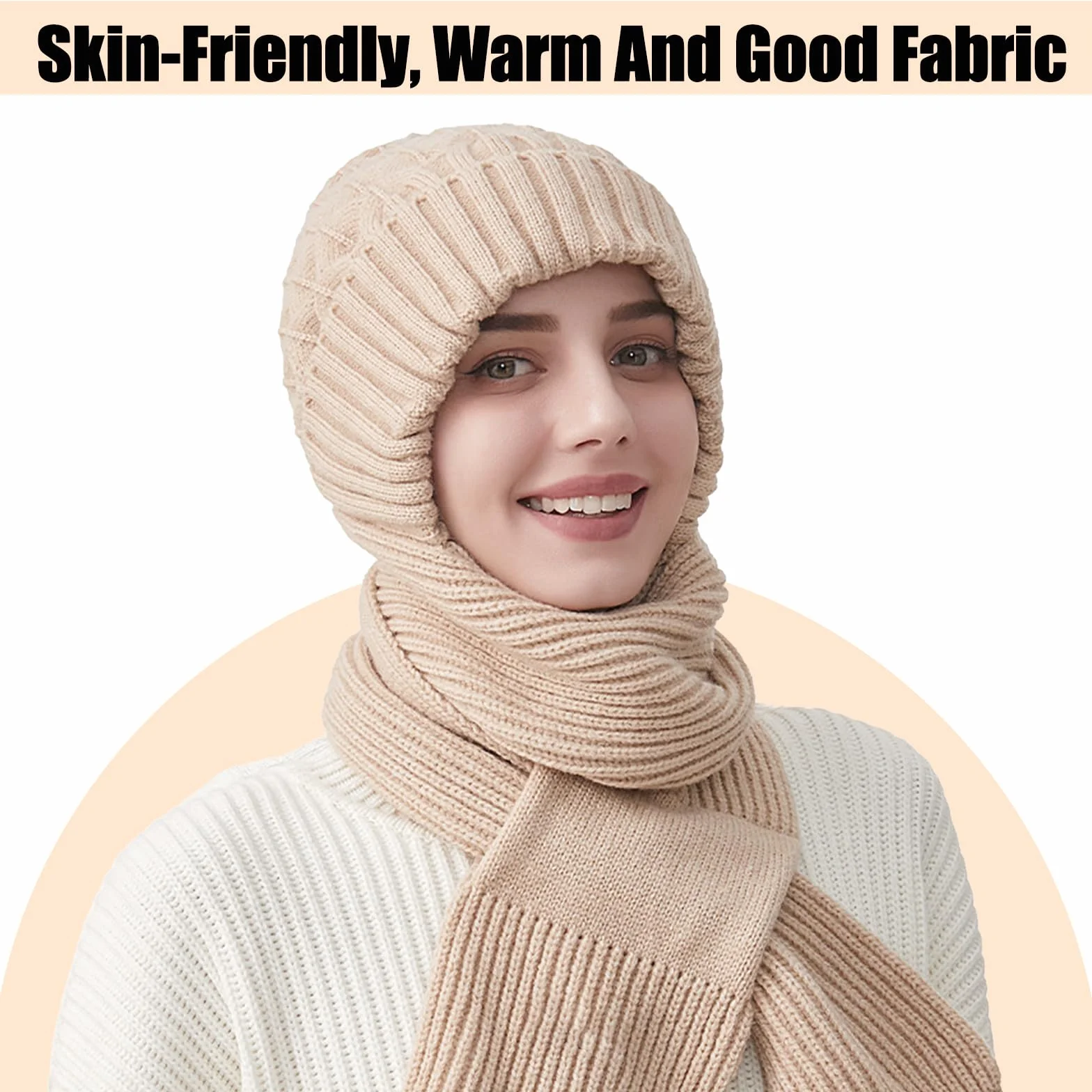 Zimowe rękawiczki damskie z czapką i szalikiem, dzianinowa czapka typu beanie pętla, elastyczna czapka z szalikiem dla kobiet, zimowa ciepła dzianinowa czapka, ciepła pluszowa podszewka