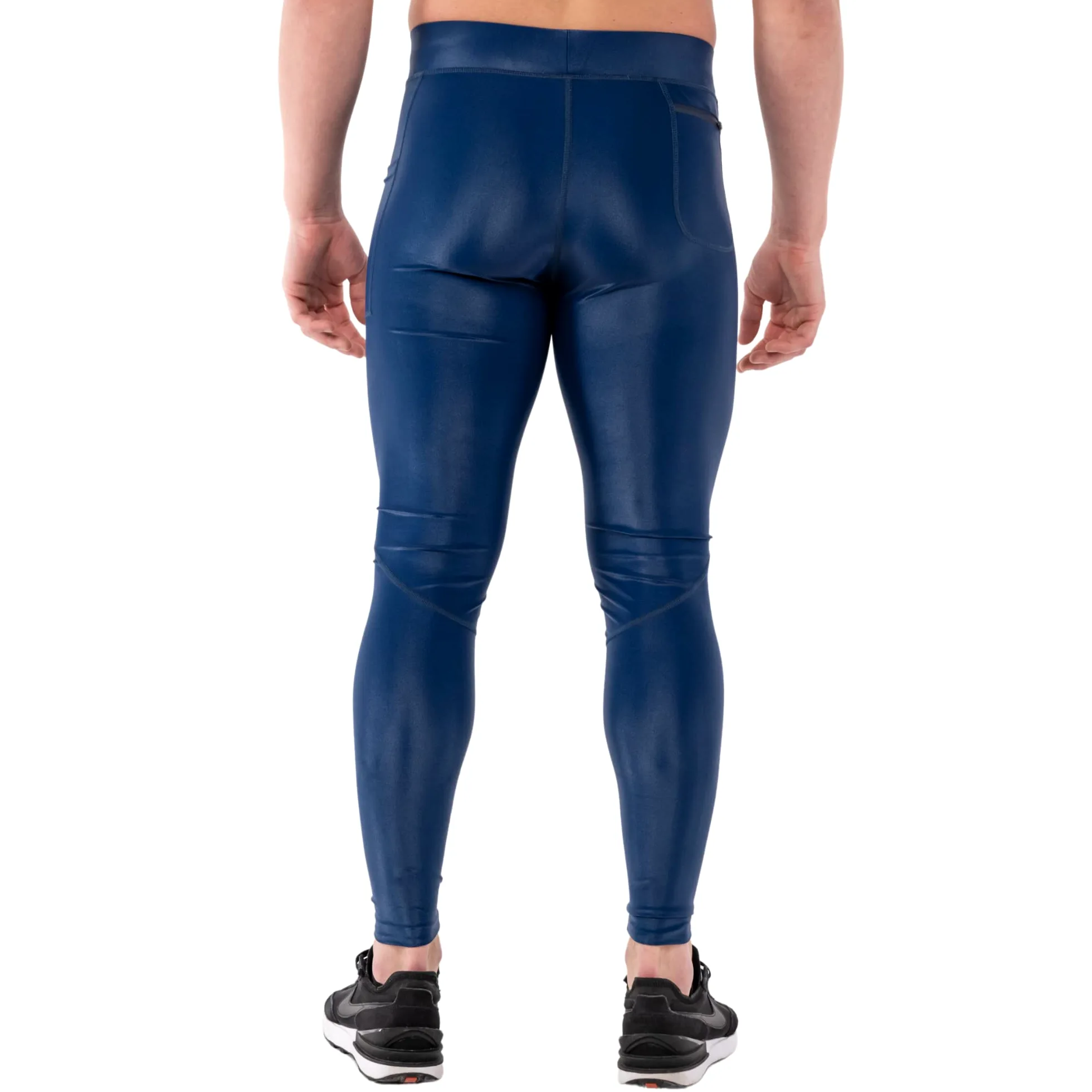 Seria Kapow Meggings Shiny Performance - Legginsy kompresyjne o wysokim połysku dla mężczyzn z kieszeniami, sportowa warstwa podstawowa do treningów i jogi