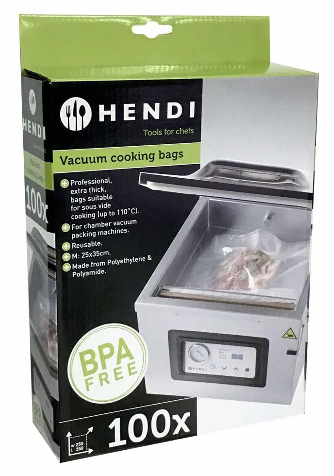 HENDI Worki do gotowania sous-vide, 100 sztuk, do pakowarek komorowych, żywności, odporność na temperaturę: od -20° do 110°C, worki próżniowe, grubość: 75 µm, 350x250mm, poliamid, polietylen