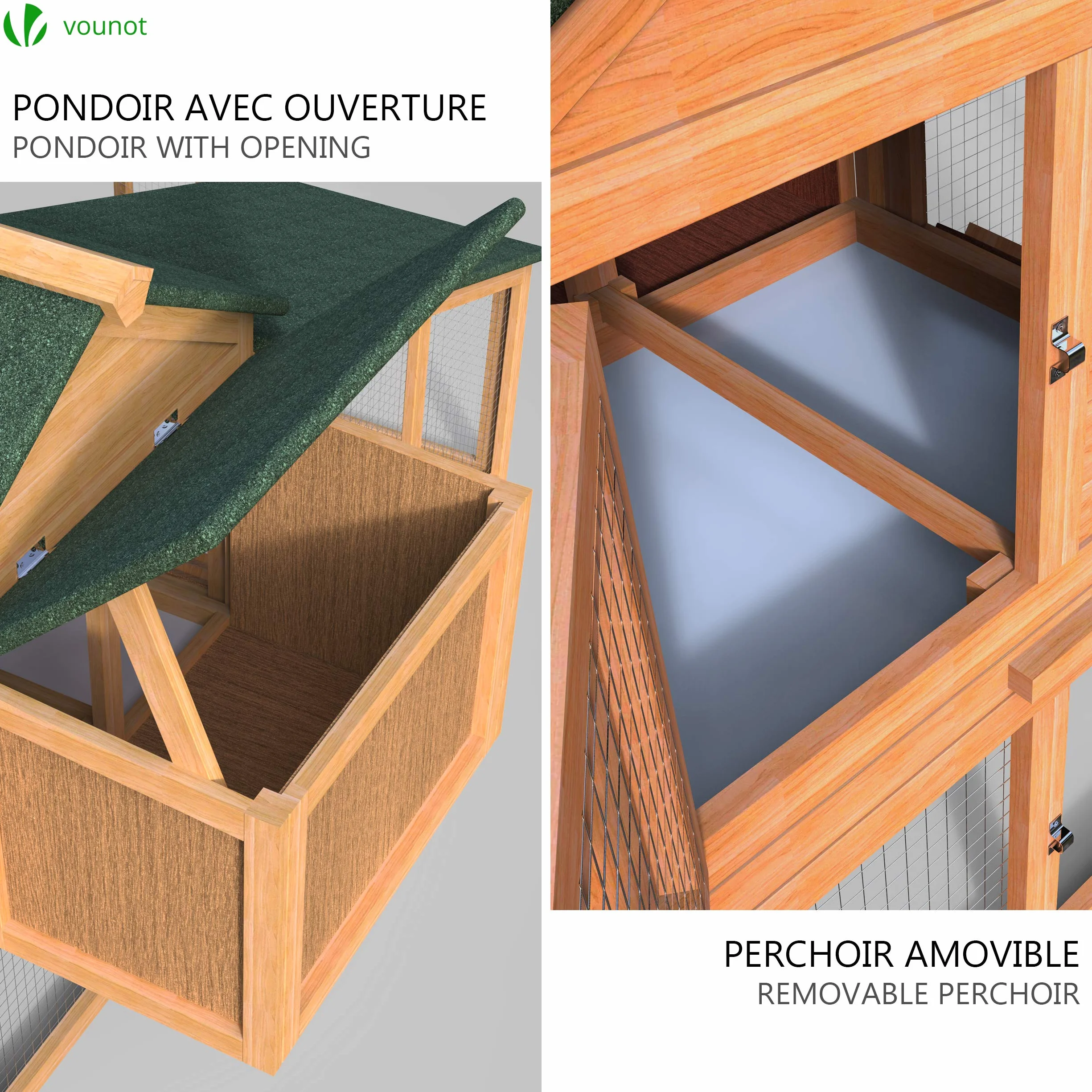 VOUNOT Drewniany kurnik z kur kur i kur 2 kurczaki 210x85 x 85 cm z ramami dostępowymi i zamykanymi drzwiami Duża przestrzeń aktywności, idealna dla małych zwierząt królików