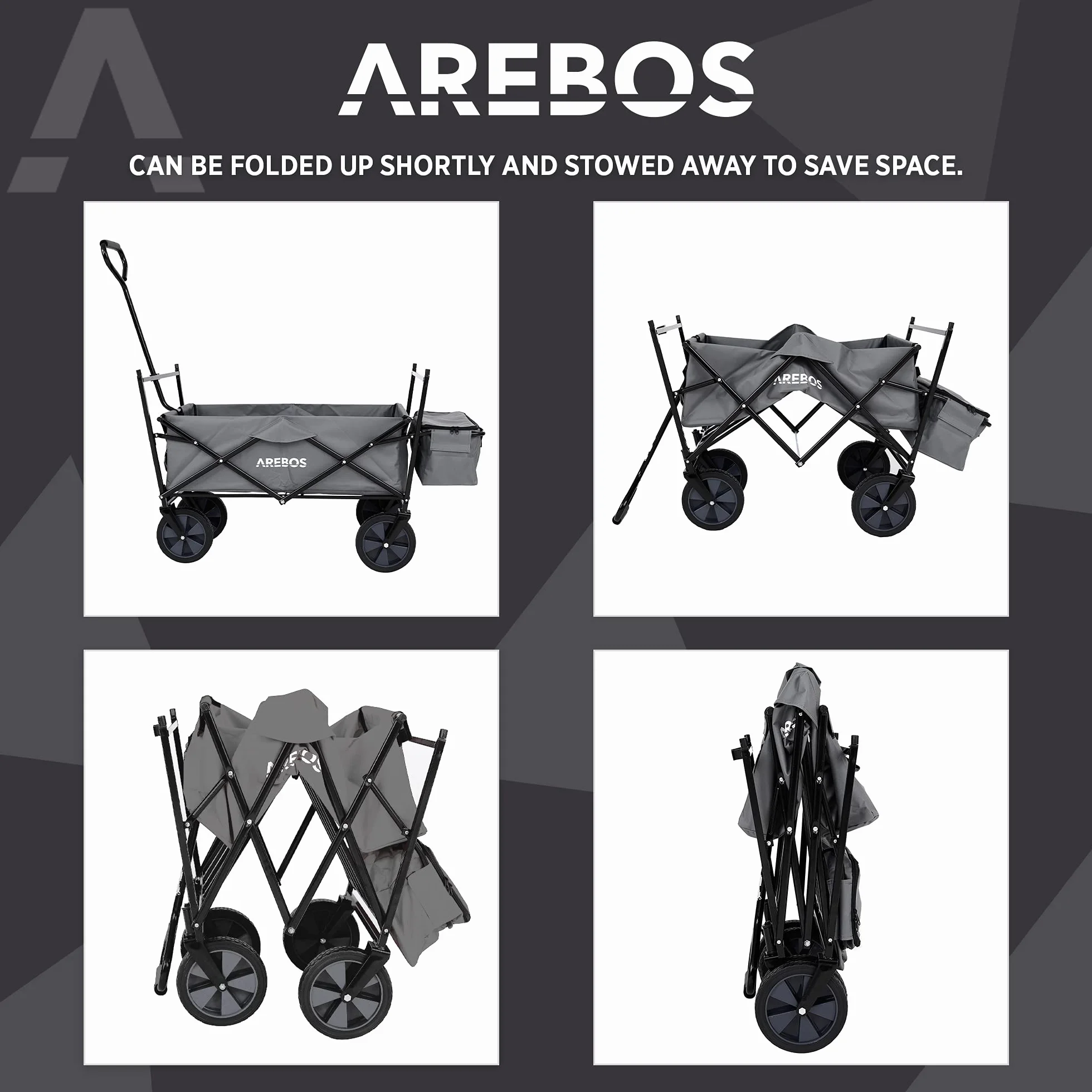 Arebos Wózek ręczny | Wózek transportowy | Wózek składany | Wózek narzędziowy z 2 kieszeniami siatkowymi i jedną kieszenią zewnętrzną | Składany | do 70 kg udźwigu | Opony z pełnej gumy 360°