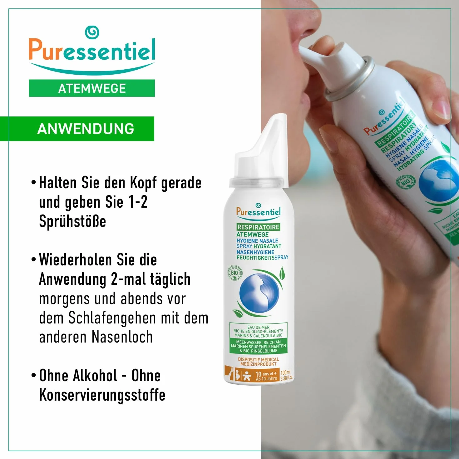 Puressentiel Nawilżający spray do higieny układu oddechowego – oczyszcza jamy nosowe – roztwór izotoniczny – idealny do suchych, wrażliwych i podrażnionych nosów – woda morska i organiczny nagietek