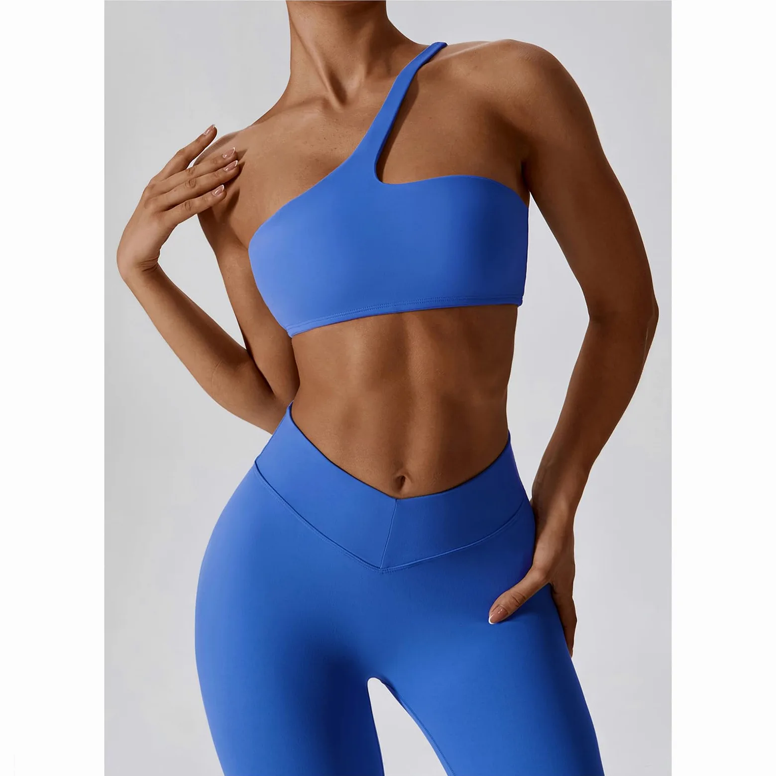 Damski zielony 2-częściowy seksowny zestaw do jogi - krótki podkoszulek bodycon legginsy kombinezon na siłownię i fitness, NIEBIESKI, S
