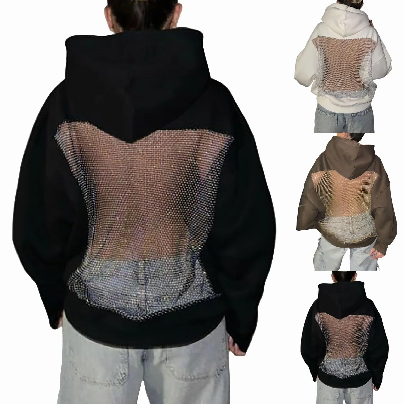 Damskie bluzy z kapturem z siatki na plecach, moda na co dzień przezroczysta bluza z długim rękawem opaska na głowę kieszeń brokatowe bluzki z siateczki damskie ponadwymiarowe przytulne pulower na