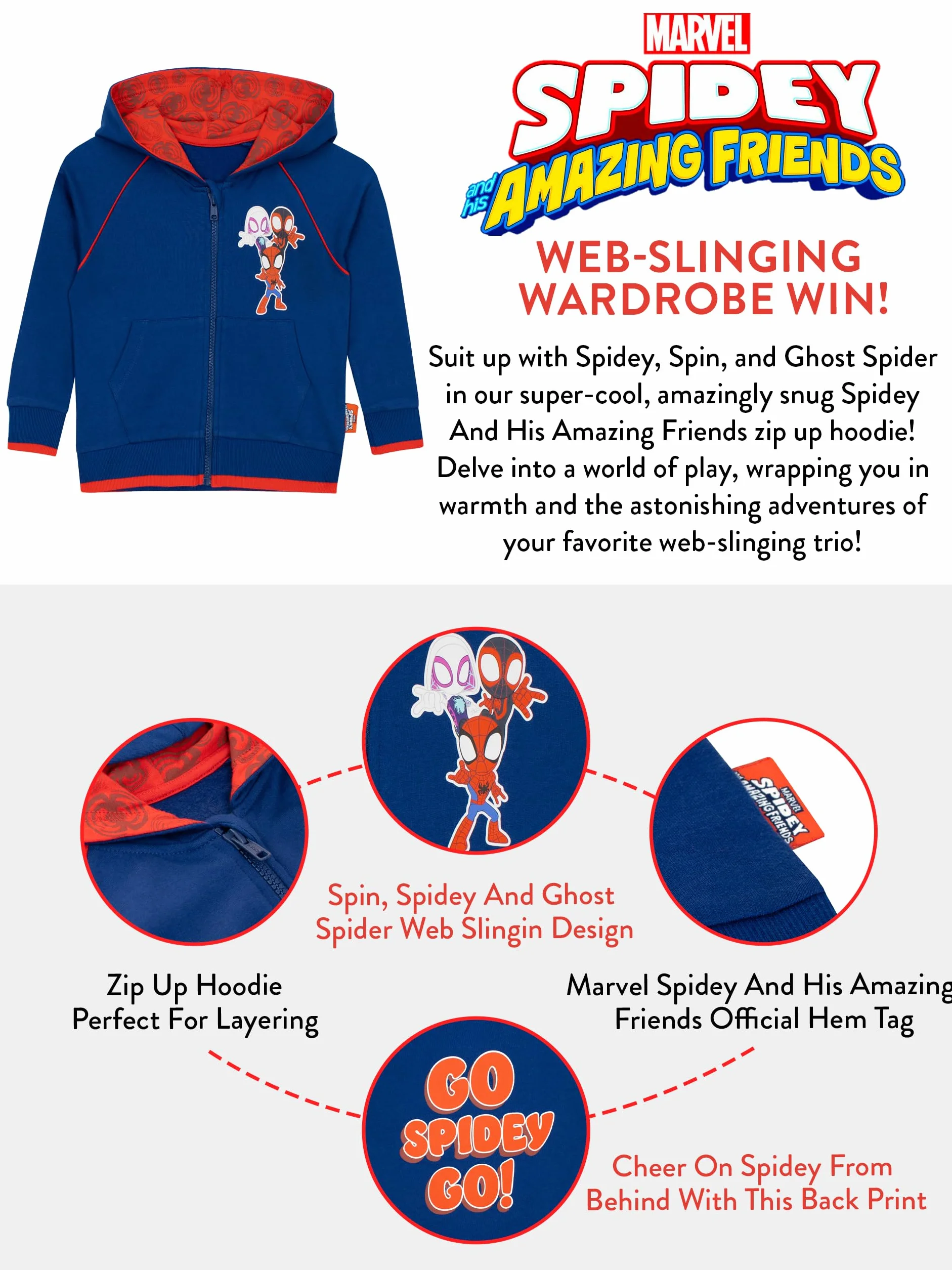 Marvel Spiderman Hoodie | Spidey i Jego Fantastyczni Przyjaciele | Chłopięca Bluza z Kapturem na Zamek Błyskawiczny