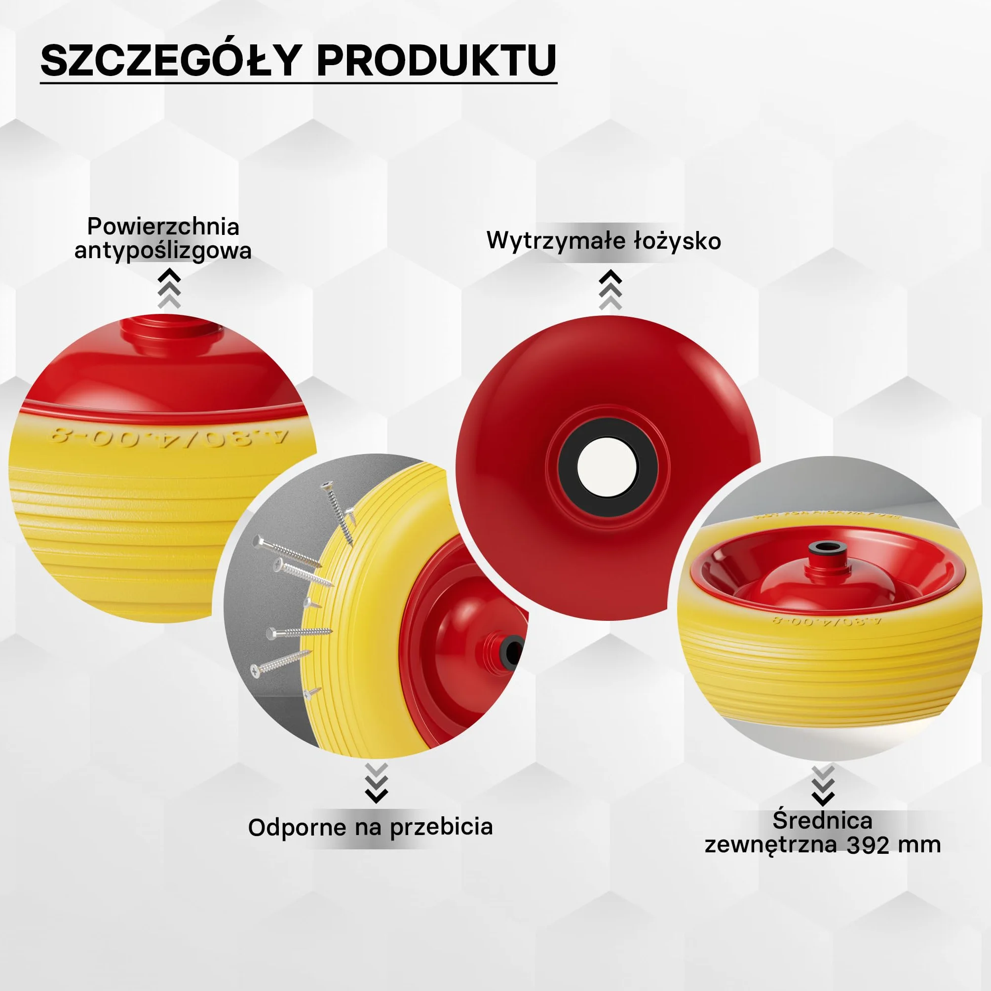 Wiltec Koło do taczki PU 4.8/4.00-8 do 180 kg koło pełne o wymiarach 92 x 392 mm, odporne na przebicia, poliuretanowe