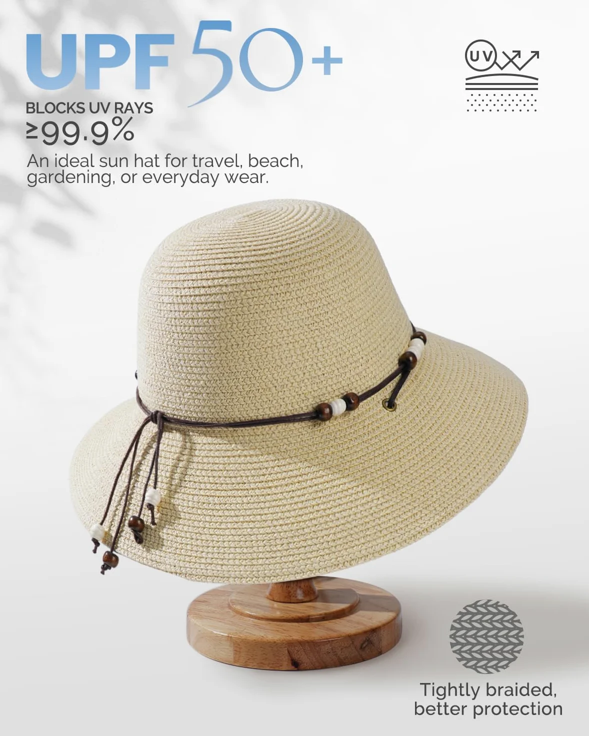 Creekstone Damska słomkowa czapka przeciwsłoneczna, ochrona przed promieniowaniem UV UPF 50+, lekka słomkowa czapka typu bucket hat, letnia podróż
