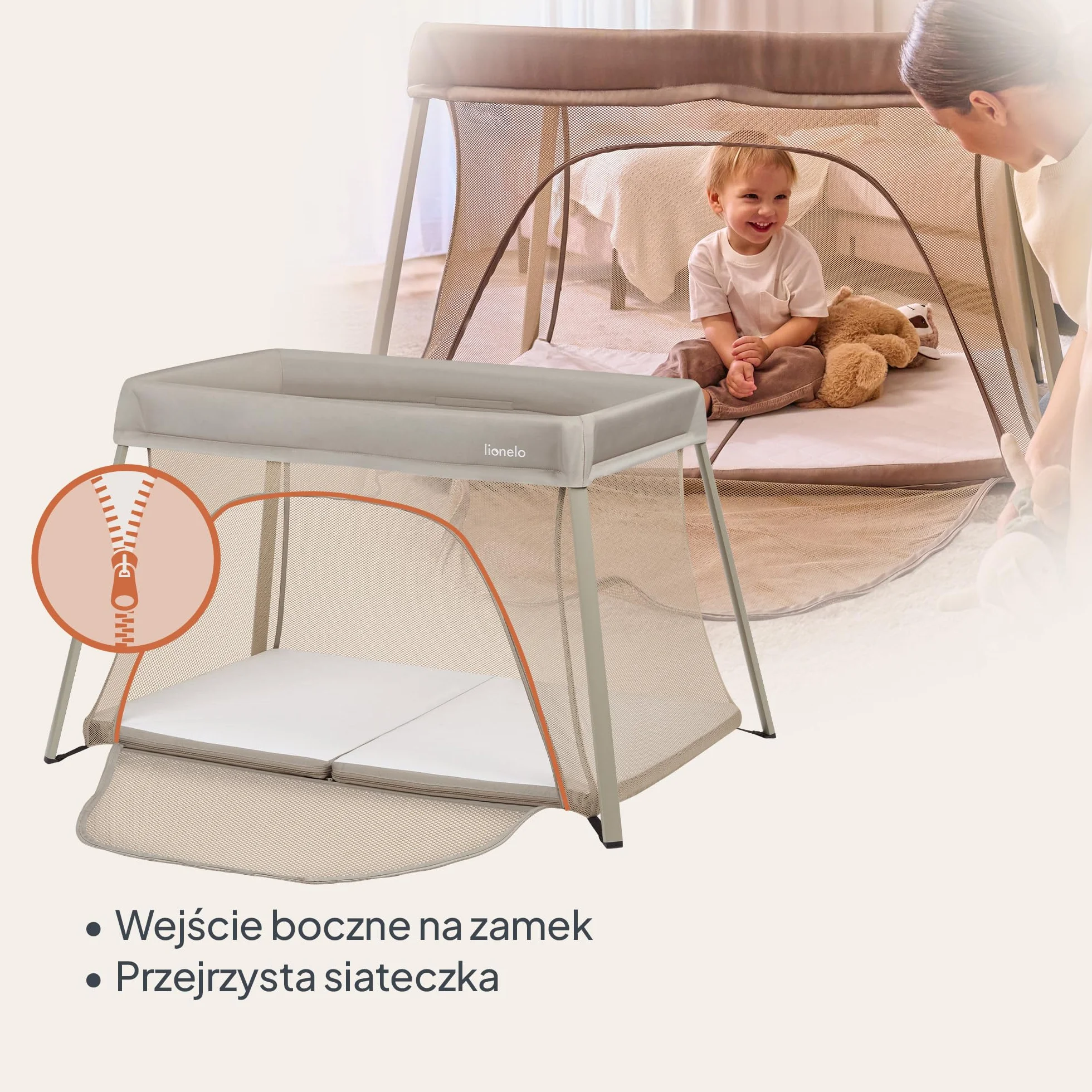 lionelo Łóżko podróżne do parku dziecięcego 3 w 1 Alicja 0-15 kg materac piankowy, 2 poziomy wysokości, składane, małe, lekkie, wejście boczne, torba podróżna (beżowy)