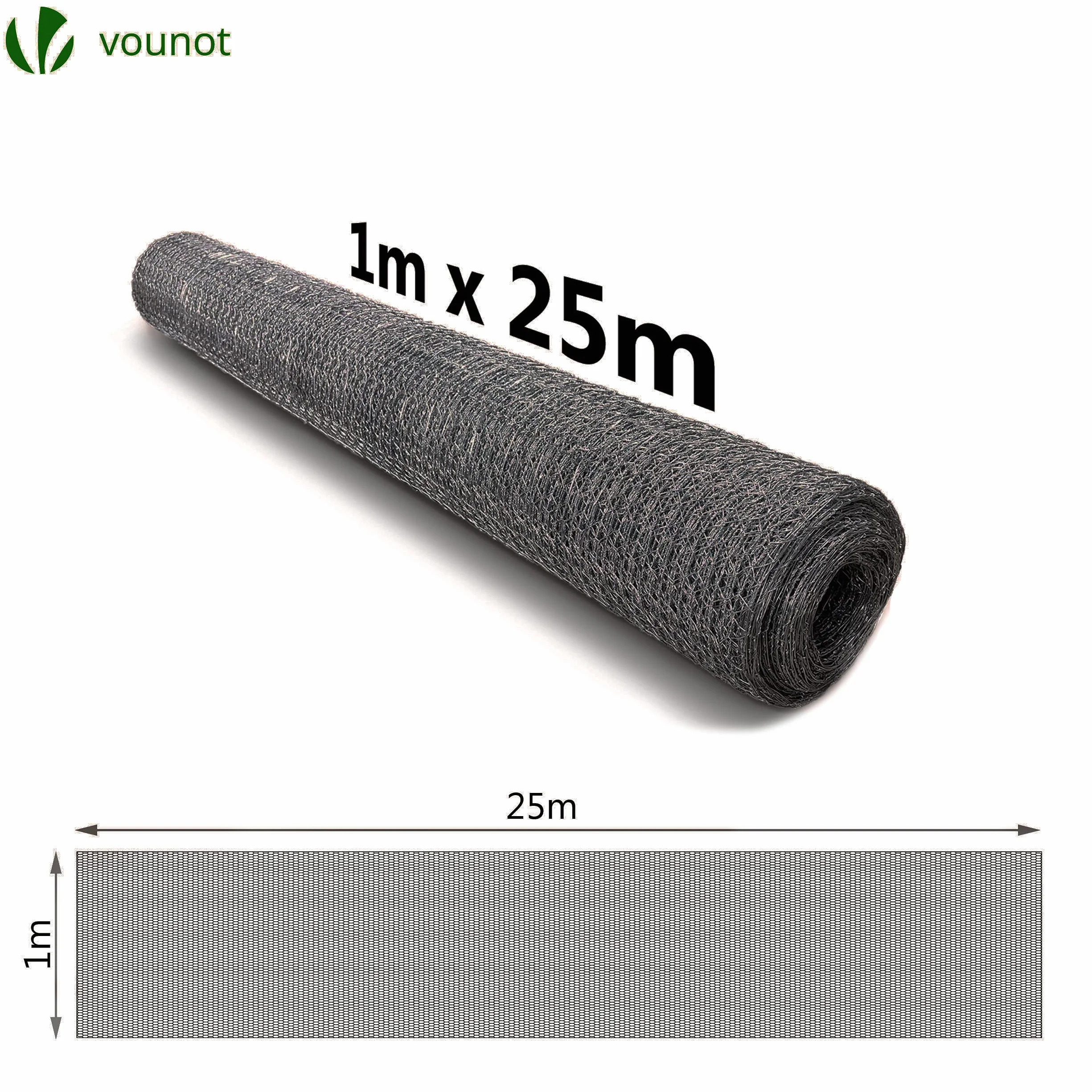 VOUNOT Ogrodzenie z siatki sześciokątnej, siatka druciana, druciana, drut dla królików, drut dla kur, szerokość oczek 13 mm, wysokość 100 cm, długość 25 m, powłoka PCW, kolor szary