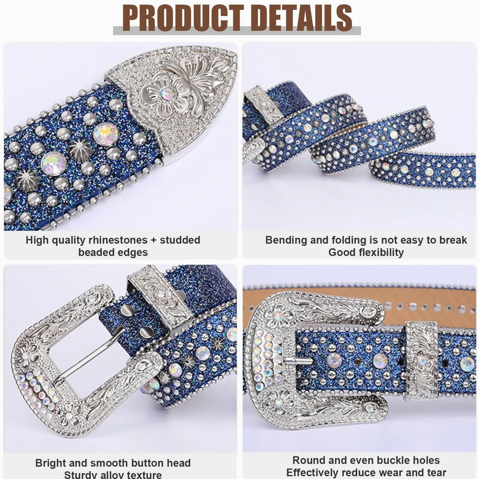 Mężczyźni Kobiety Rhinestone Belt, Studded Rhinestone Belts, Western Studded Leather Belts, Y2K Leather Belt Western Cowgirl Cowboy Studded Diamond Belt for Jeans(E,105cm)