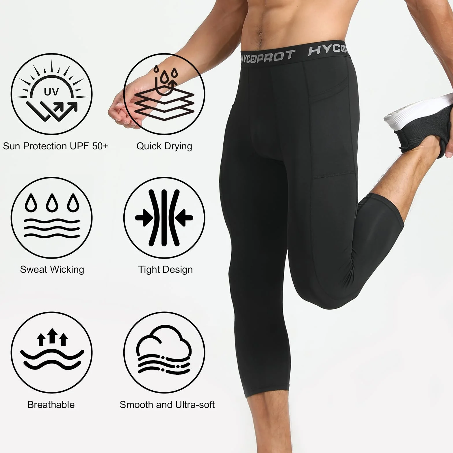 HYCOPROT Spodnie Kompresyjne 3/4 z Kieszeniami Bieganie Trening Sportowy