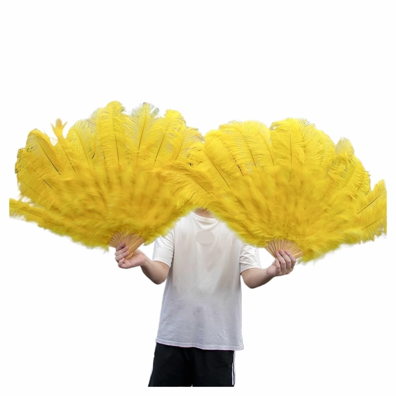 Wentylator składany z piór | Wielokolorowy 1/2 szt. 100/130 cm Dekoracja sceniczna: rekwizyty do tańca(Yellow,1 Pcs 130CM)