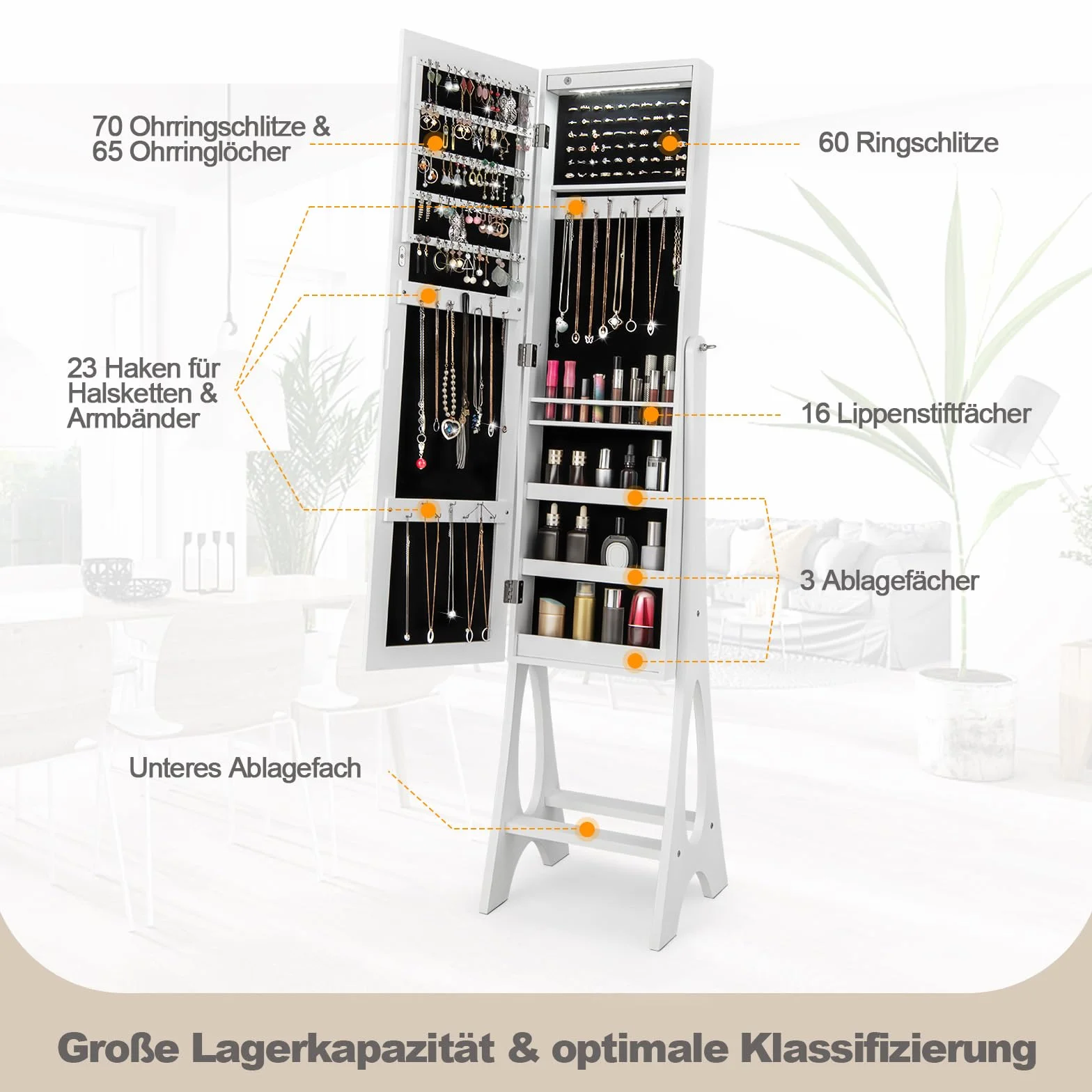 COSTWAY Szafka na biżuterię z lustrem 2w1, zamykana, LED, biała